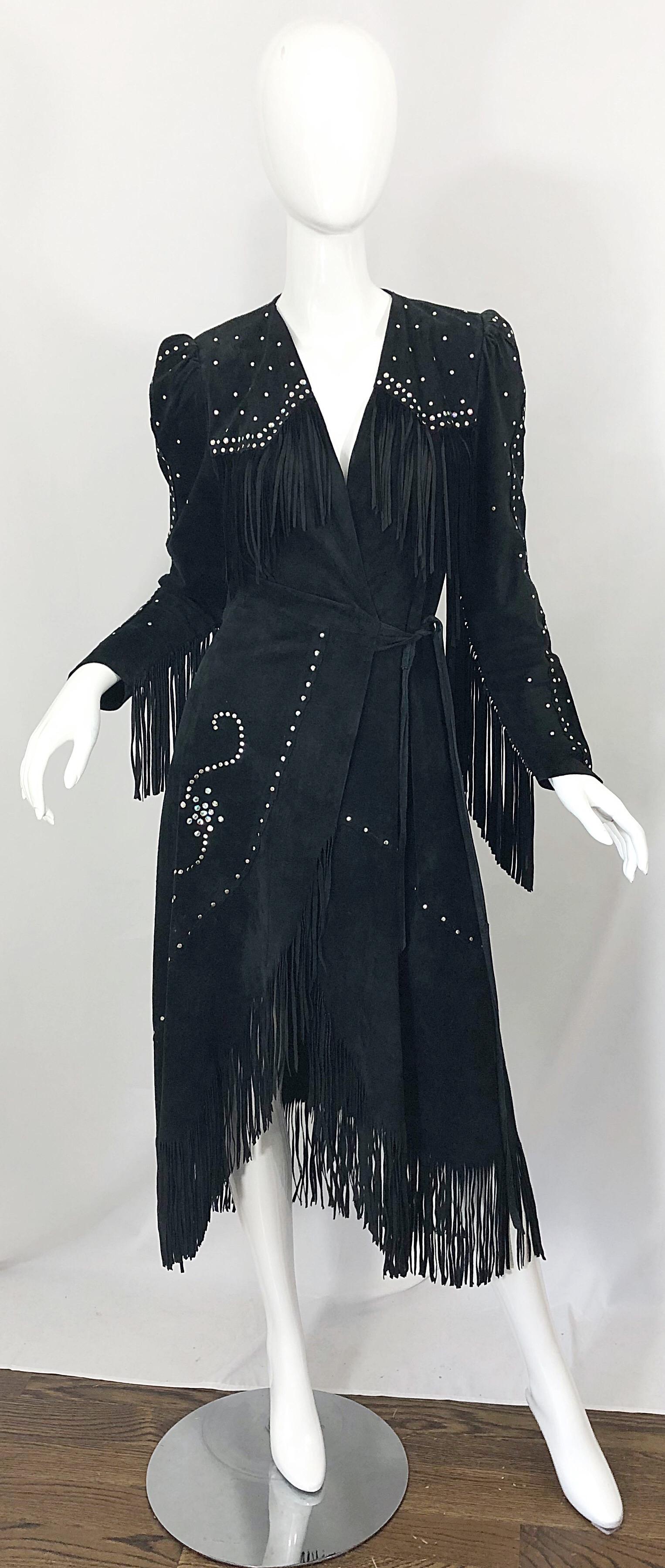 MUSUEM PIECE! Amazing and rare vintage 70s LOVE, MELODY black suede leather fringe rhinestone/studded wrap dress! Melody Sabatasso is a respected designer, known for her work with old Levi's. She dressed countless celebrities in the 1970s, including