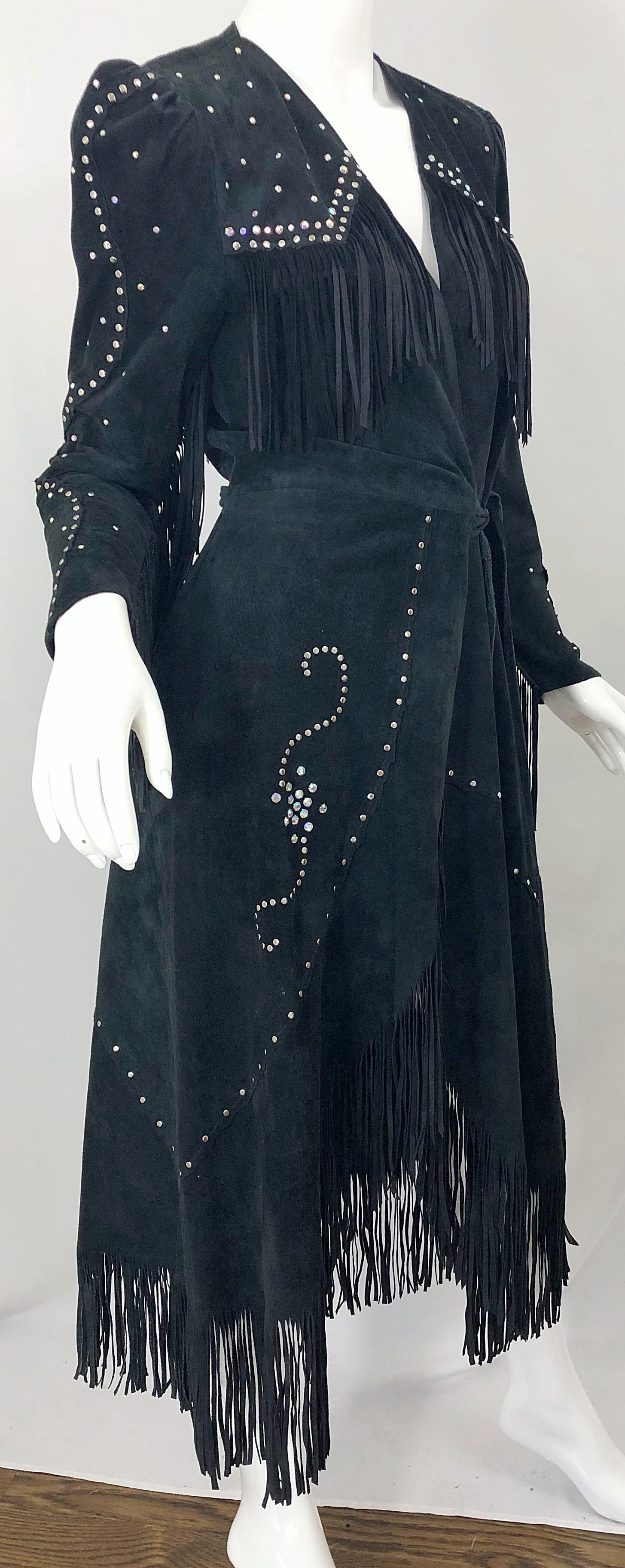 1970s Love, Melody Sabatasso Black Suede Fringe Rhinestone Studded Wrap Dress In Excellent Condition For Sale In San Diego, CA