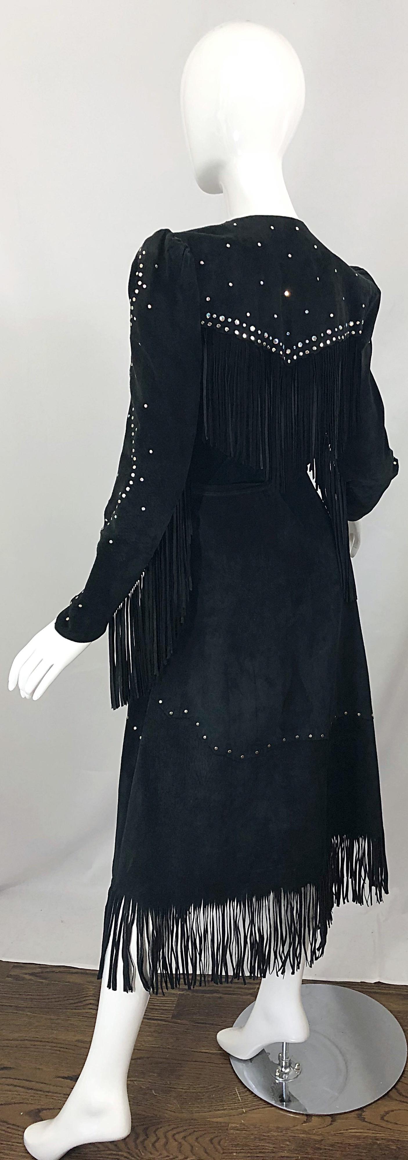 Women's 1970s Love, Melody Sabatasso Black Suede Fringe Rhinestone Studded Wrap Dress For Sale