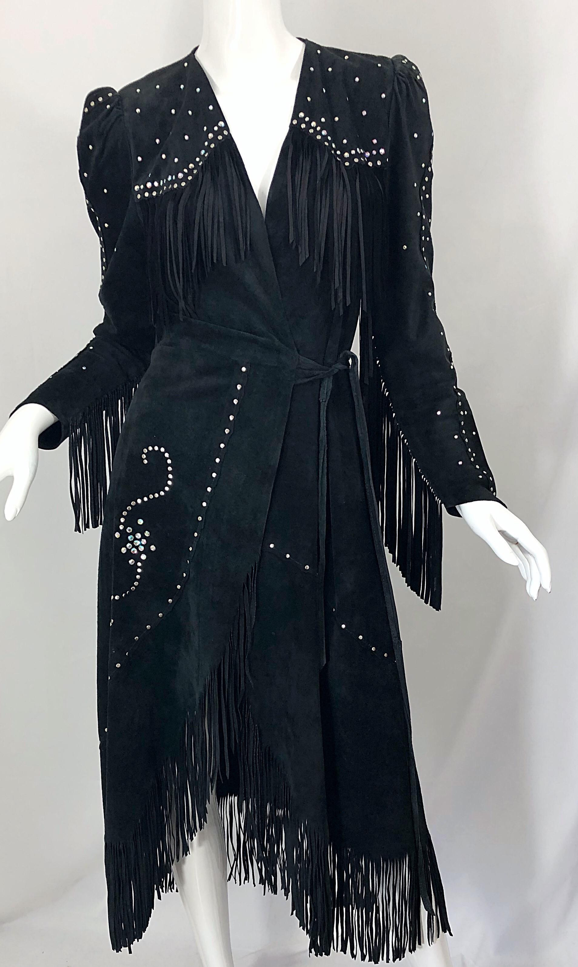 1970s Love, Melody Sabatasso Black Suede Fringe Rhinestone Studded Wrap Dress For Sale 1