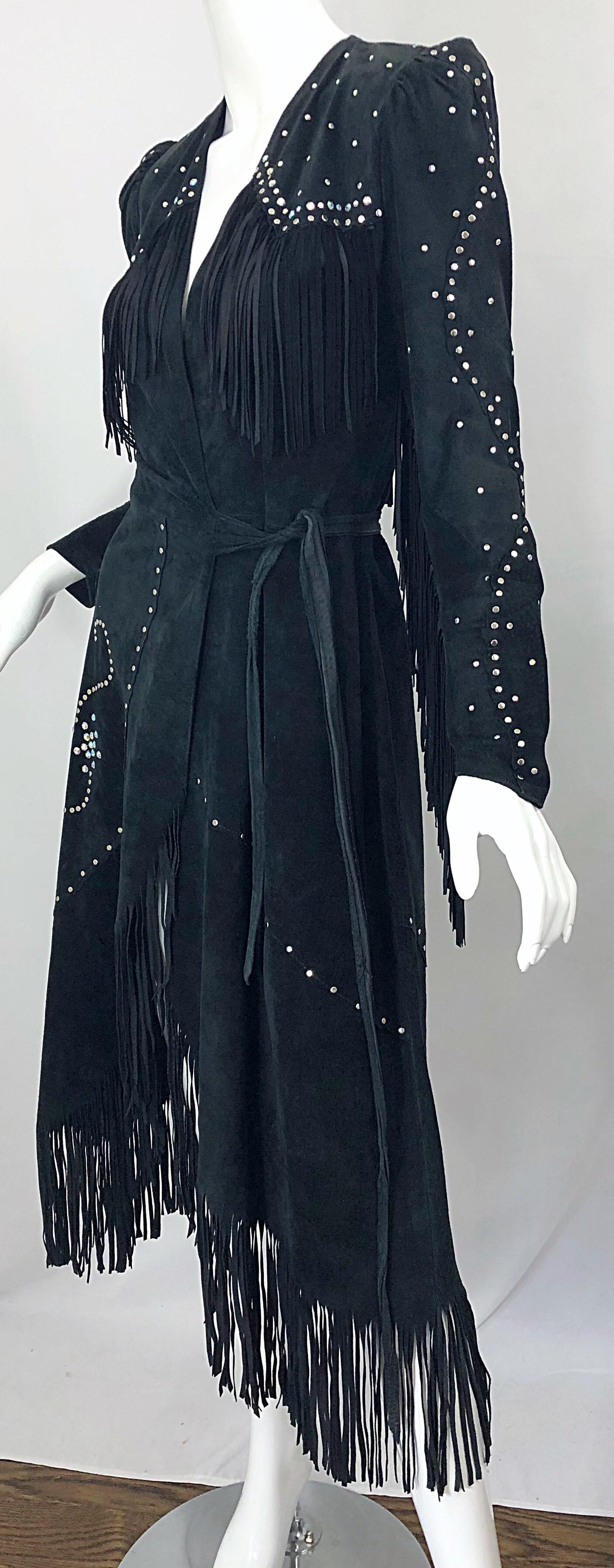 1970s Love, Melody Sabatasso Black Suede Fringe Rhinestone Studded Wrap Dress For Sale 2
