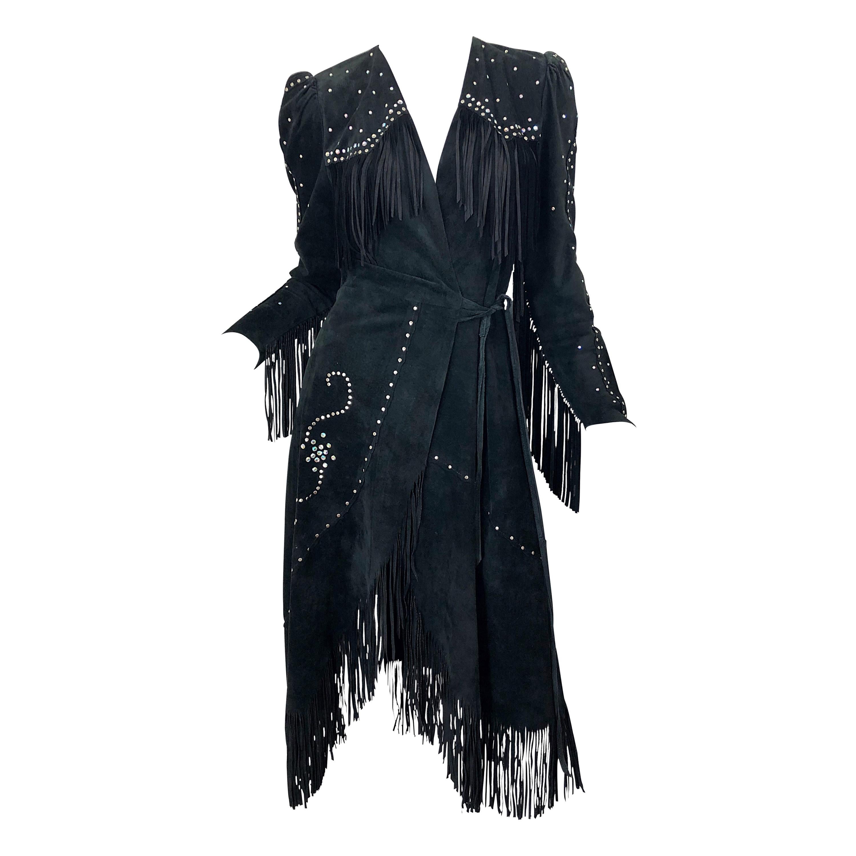 1970s Love, Melody Sabatasso Black Suede Fringe Rhinestone Studded Wrap Dress