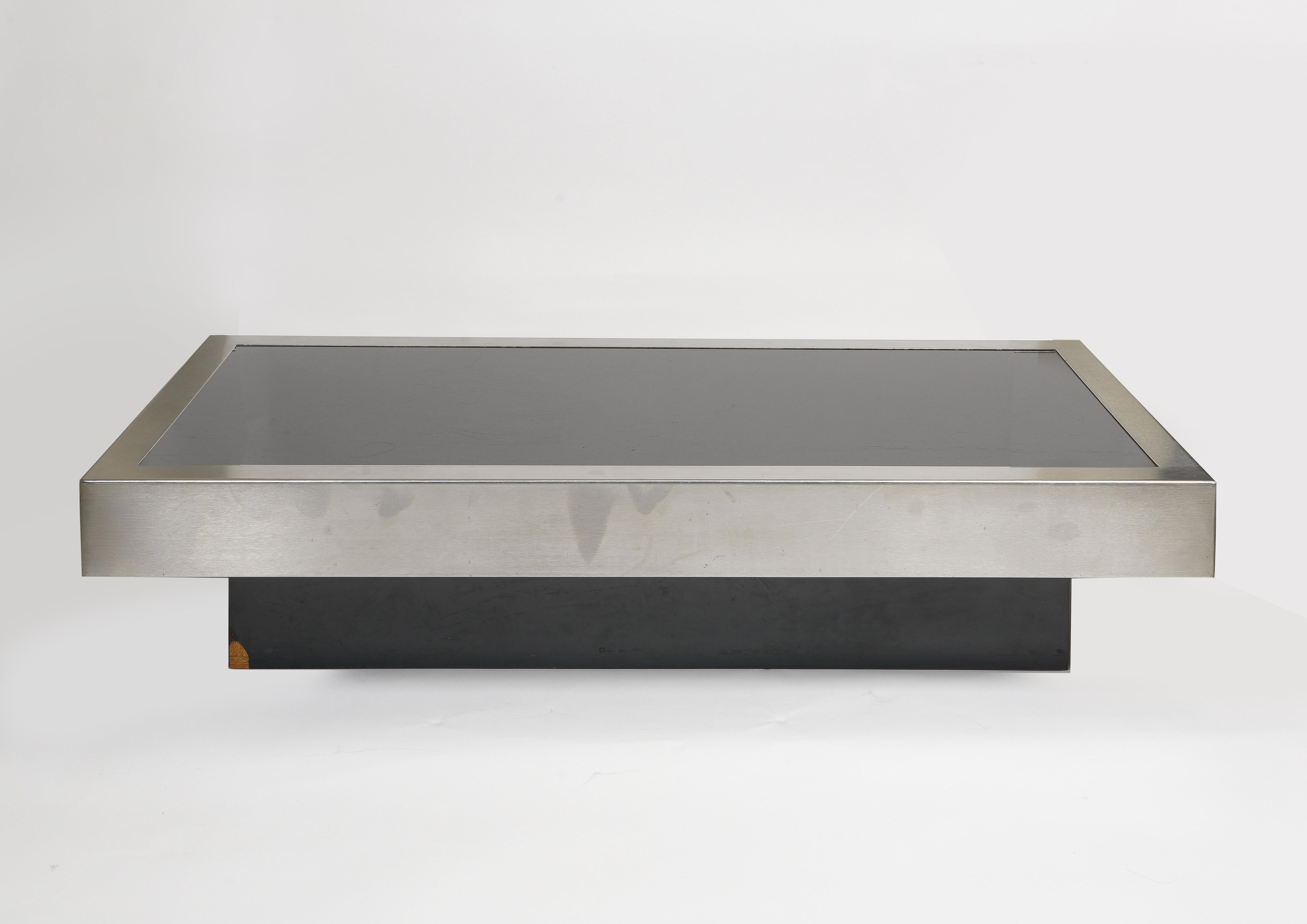 1970s Brushed Steel & Black Mirror Glass Top Willy Rizzo Style Mid-Century Modern Coffee table