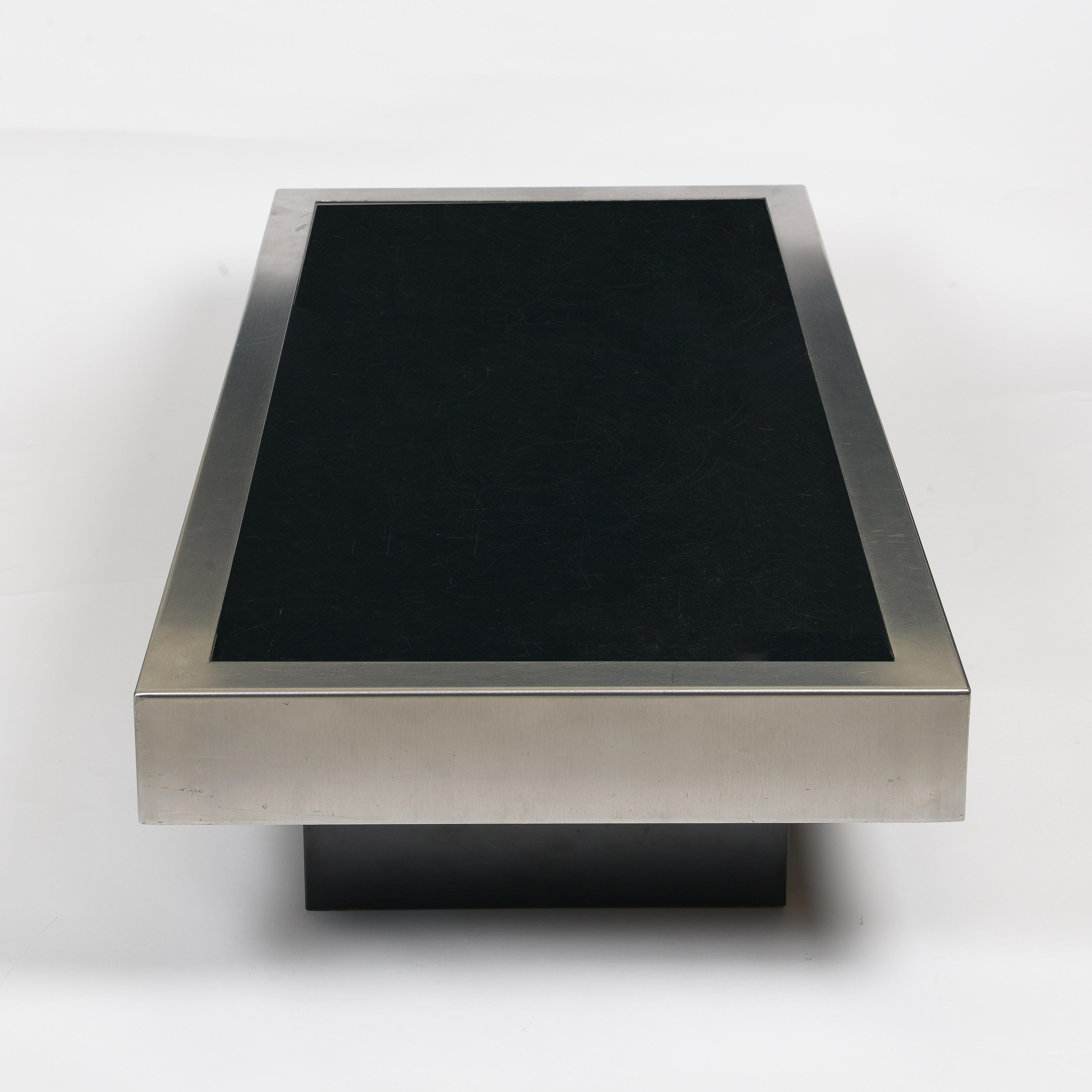 1970s Low Brushed Steel & Black Mirror Glass Top Willy Rizzo Style Coffee Table In Fair Condition In New York, NY