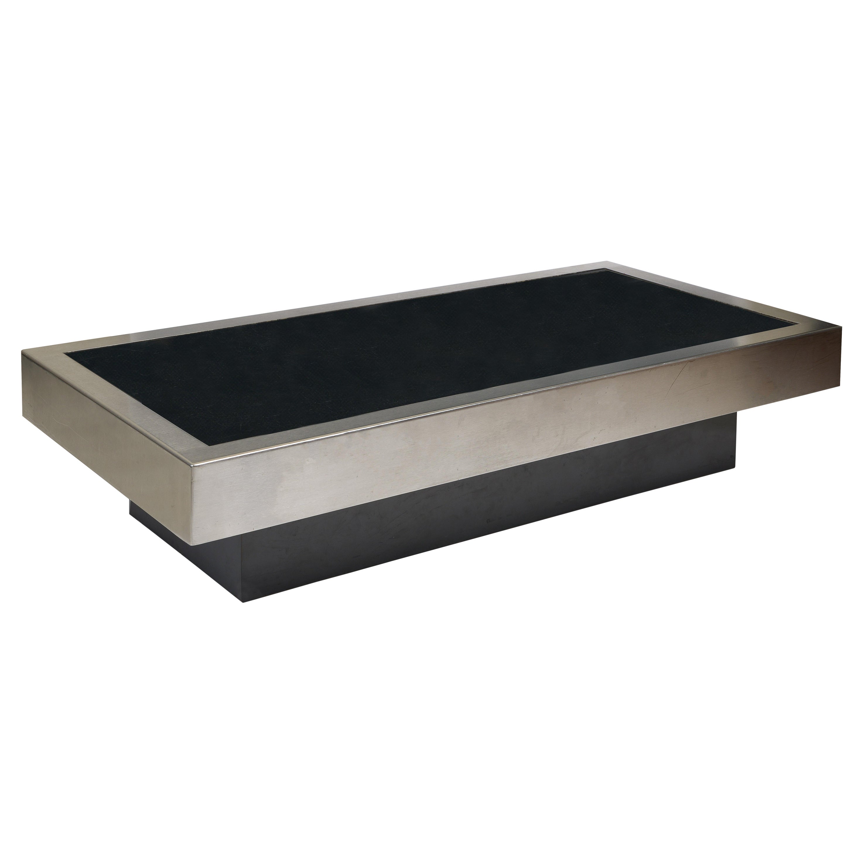 1970s Low Brushed Steel & Black Mirror Glass Top Willy Rizzo Style Coffee Table