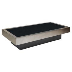 1970s Low Brushed Steel & Black Mirror Glass Top Willy Rizzo Style Coffee Table