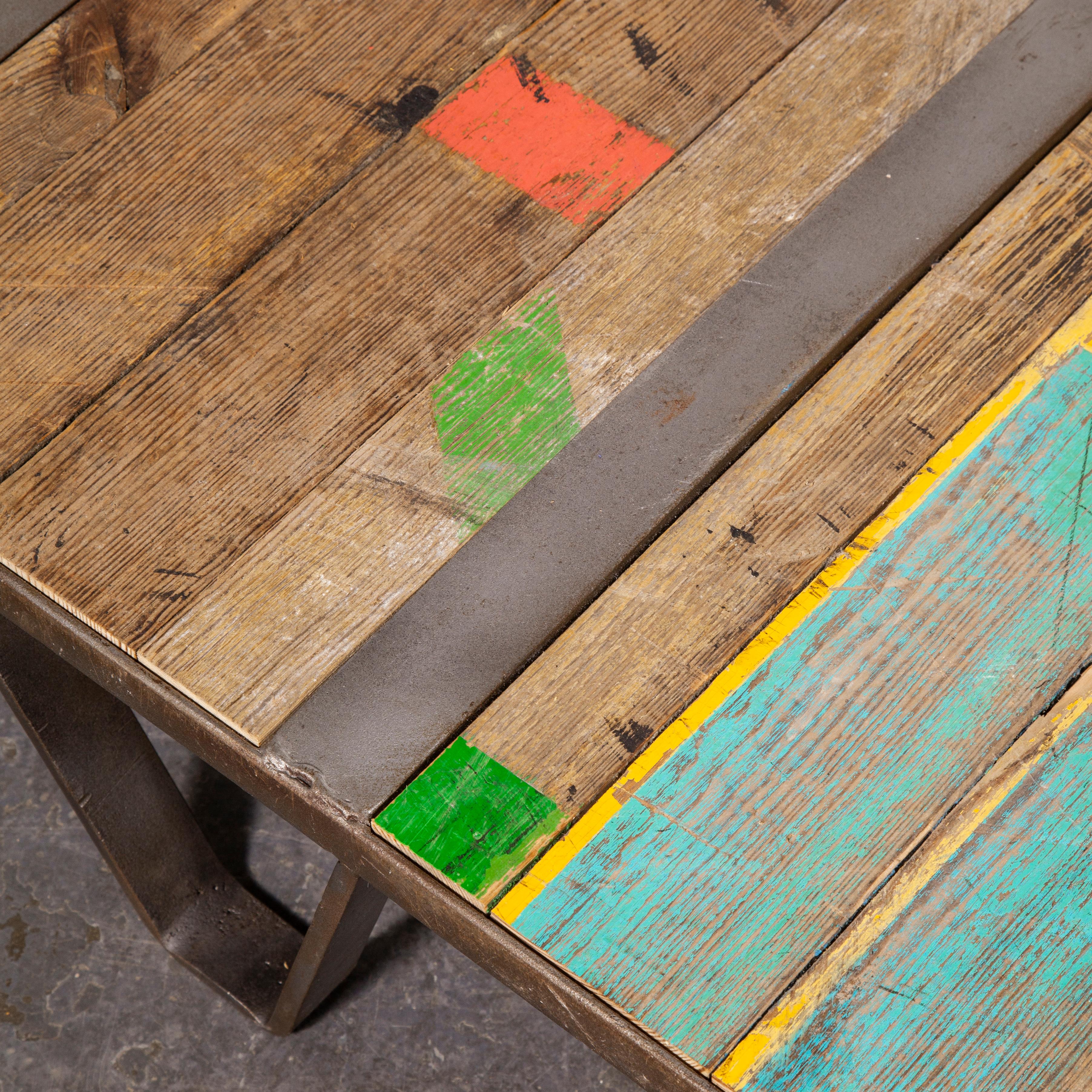 1970’s Low occasional industrial table, coffee table. Sourced from the South of France we have a number of these industrial French metal pallet bases which we have cleaned up finished with reclaimed sports hall flooring. The table is the perfect