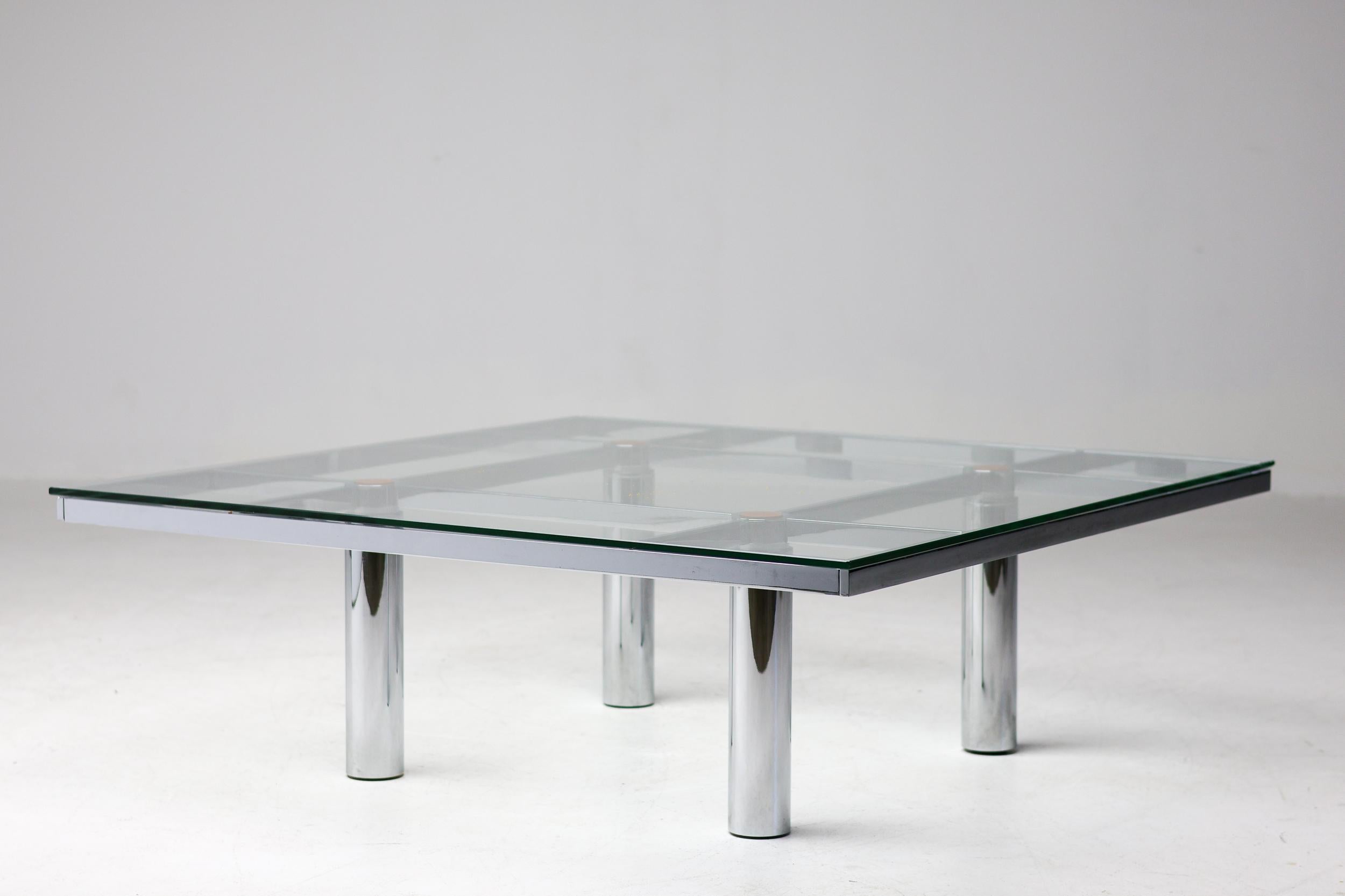 Classic “Andre” low table designed by Tobia Scarpa for Gavina/Knoll International, featuring its original chromed steel base and a new matching glass top. This iconic model showcases Scarpa’s signature balance of architectural clarity and material