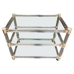 1970s Lucite and Brass Bar Trolley with 3 Glass Shelves and Original Castors