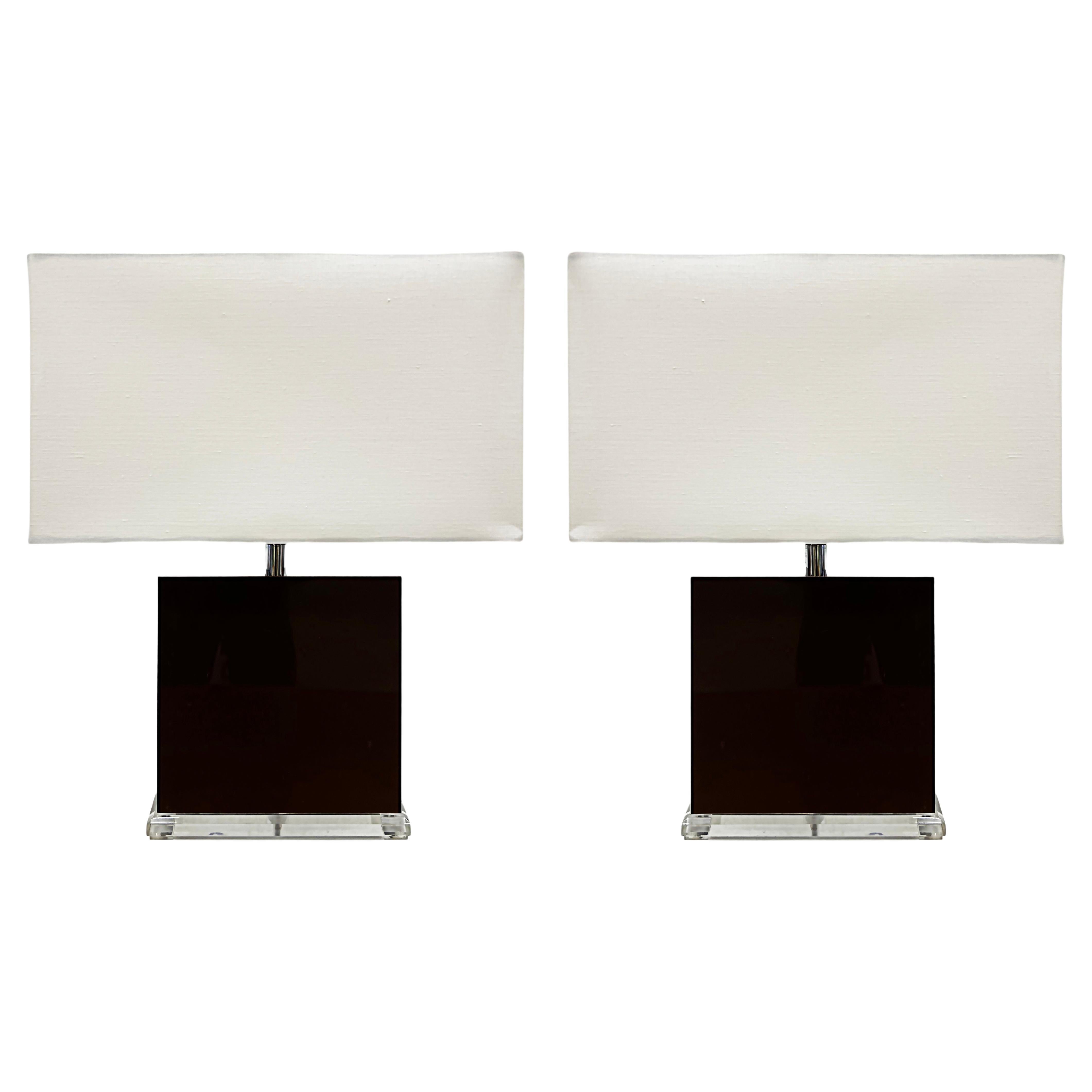 1970s Lucite and Chocolate Brown Acrylic Table Lamps, Pair