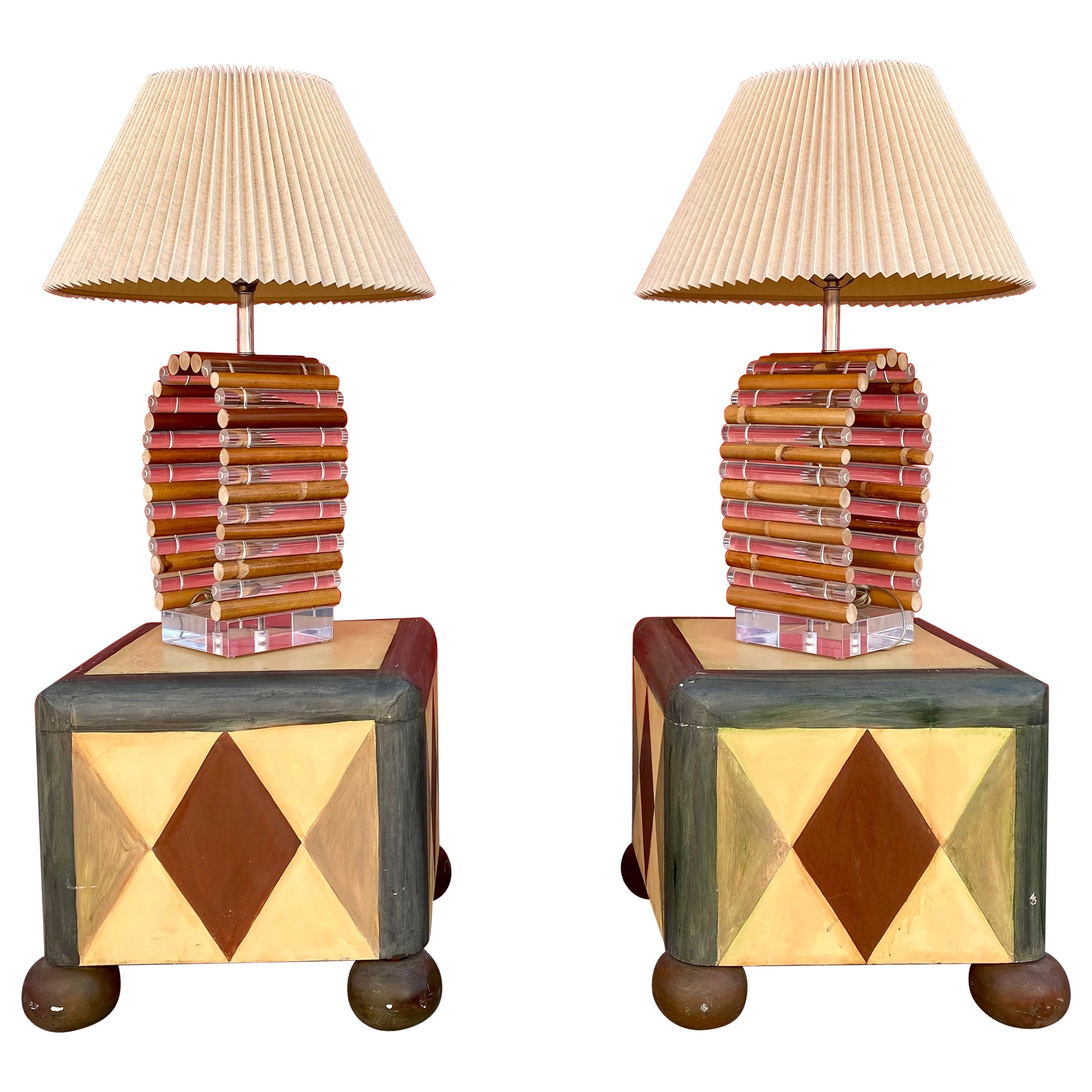1970s Lucite and Rattan Sculptural Cylinders Lamps For Sale