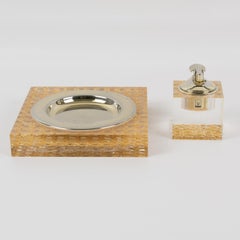 1970s Lucite and Rattan Smoking Set Ashtray and Lighter