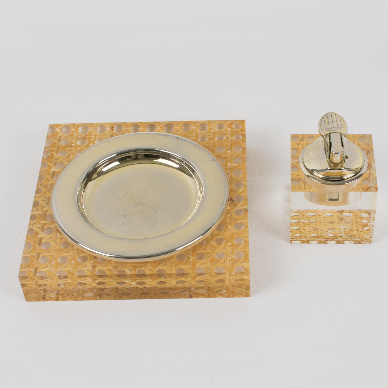 Mid-Century Modern 1970s Lucite and Rattan Smoking Set Ashtray and Lighter
