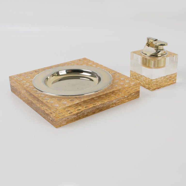 1970s Lucite and Rattan Smoking Set Ashtray and Lighter at 1stDibs
