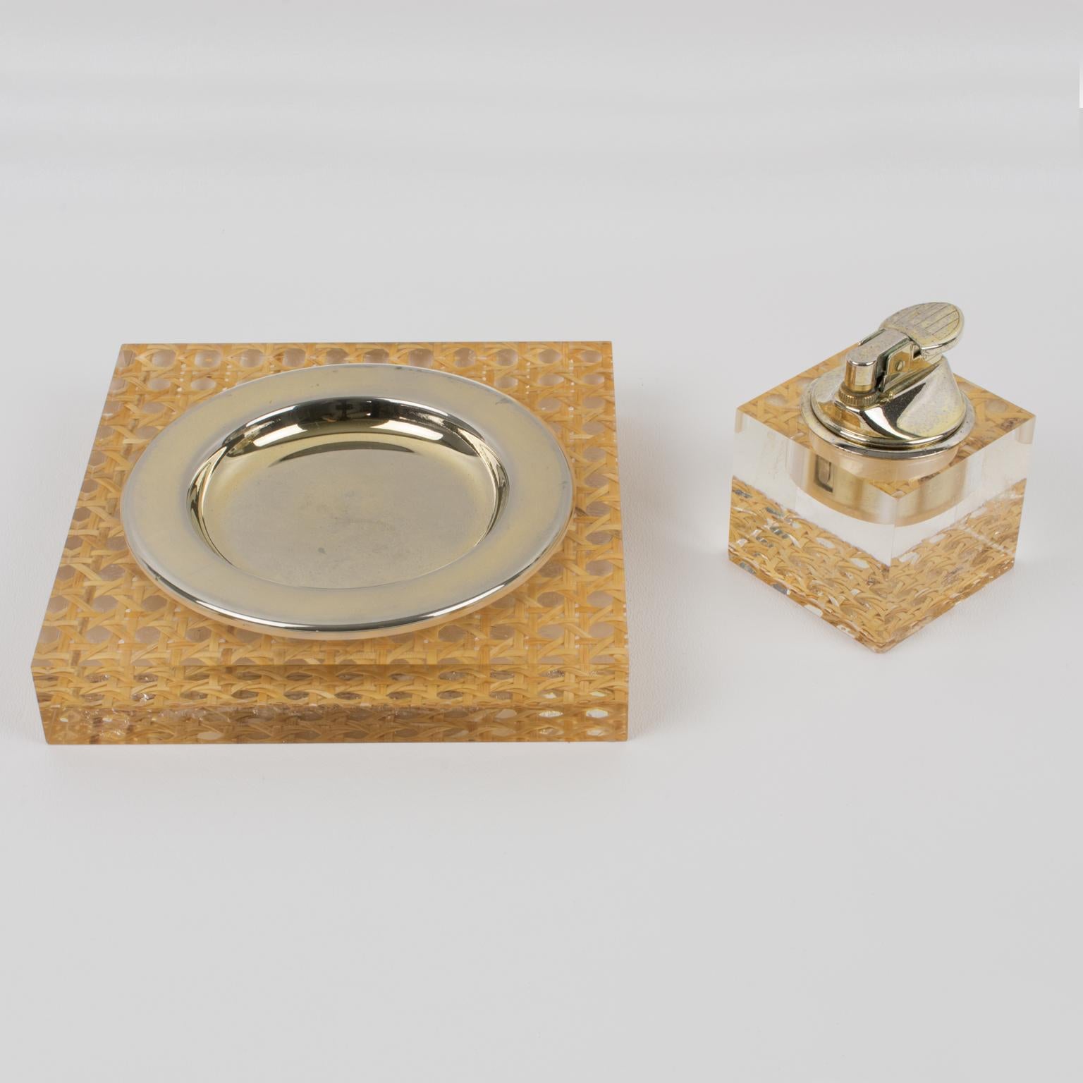 1970s Lucite and Rattan Smoking Set Ashtray and Lighter In Good Condition In Atlanta, GA