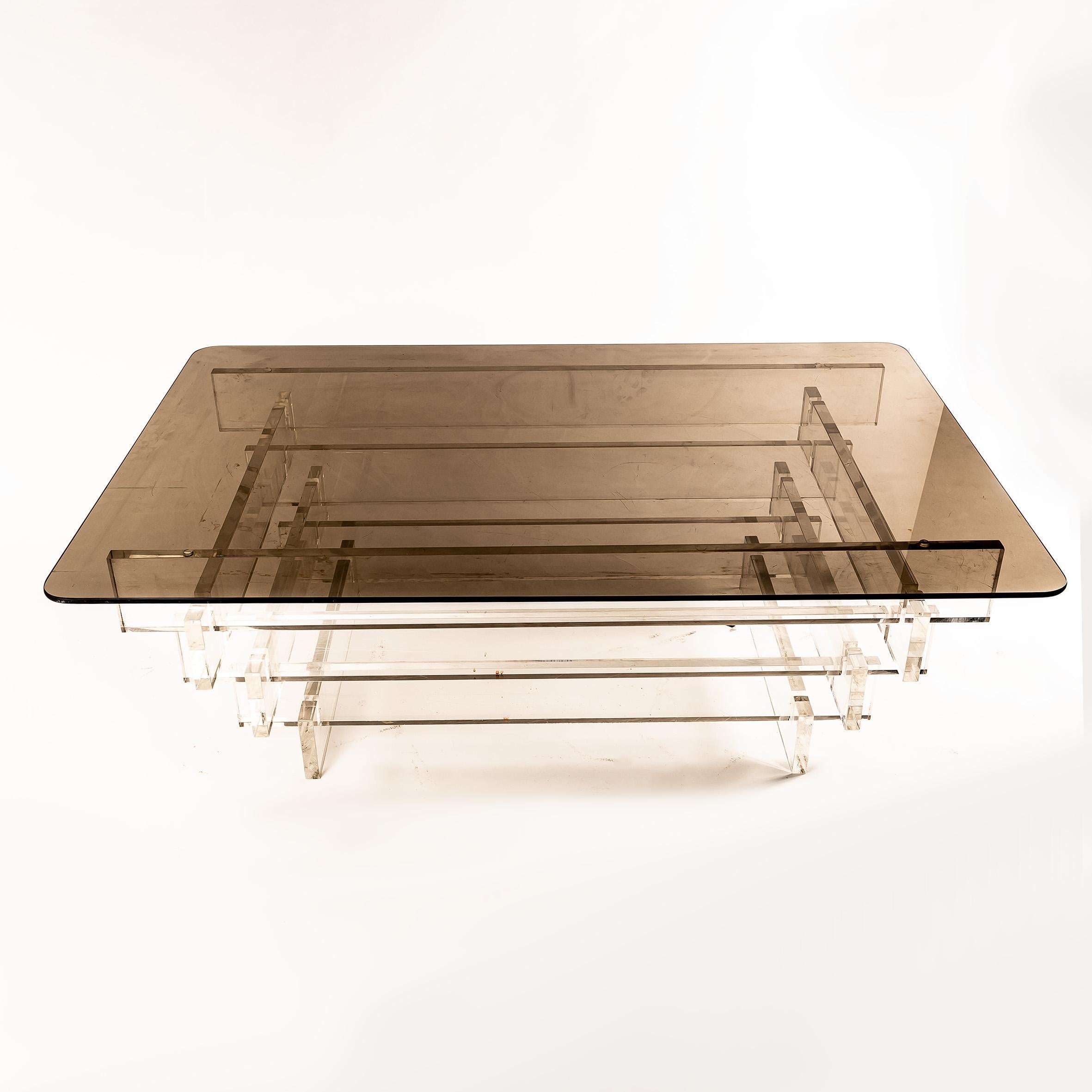 Late 20th Century 1970s Lucite and Smoked Glass Coffee Table Mid-Century Modern Minimalist Design For Sale