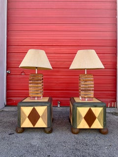 1970s Lucite and Rattan Sculptural Cylinders Lamps