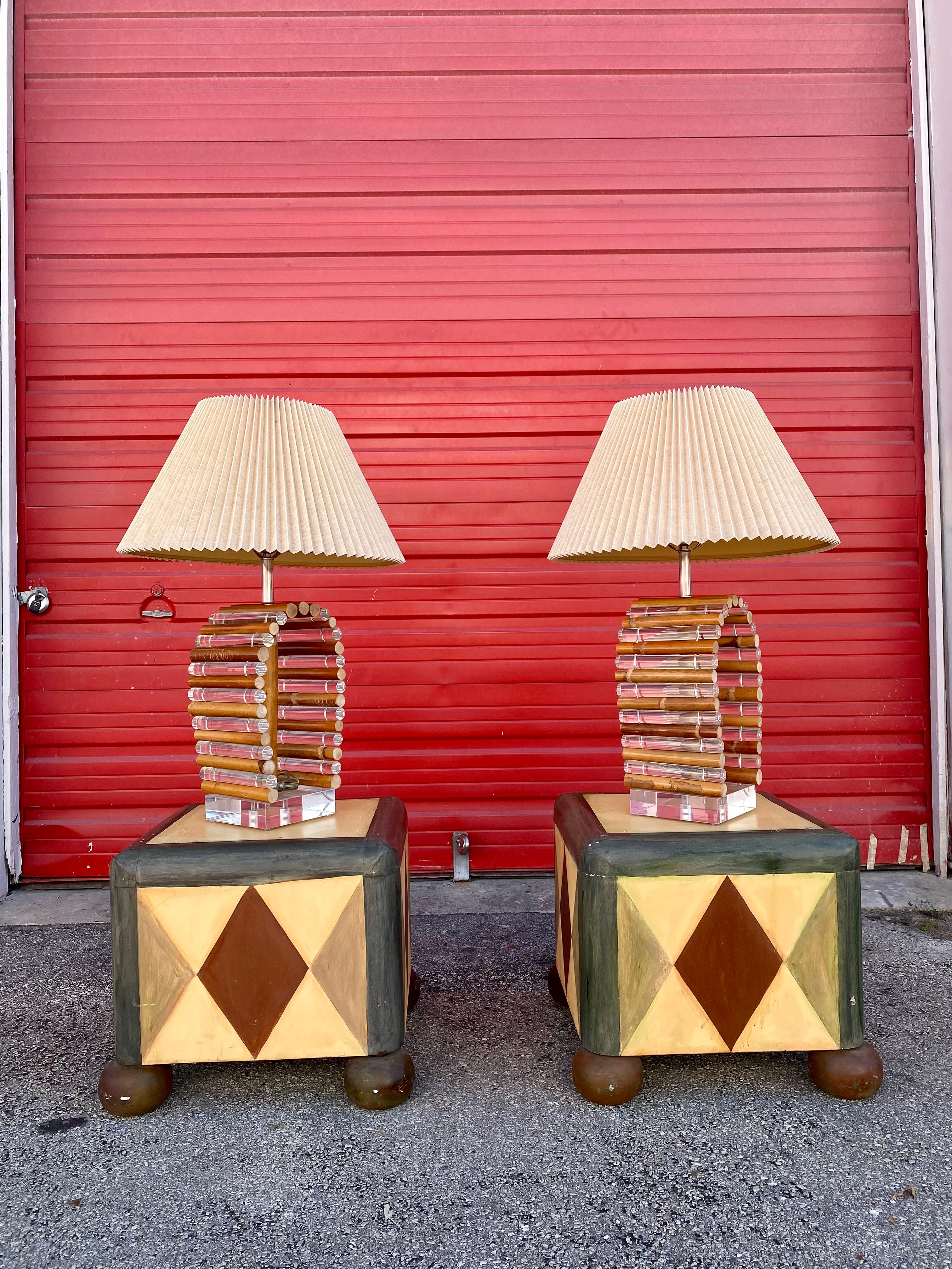 Mid-Century Modern 1970s Lucite and Rattan Sculptural Cylinders Lamps For Sale