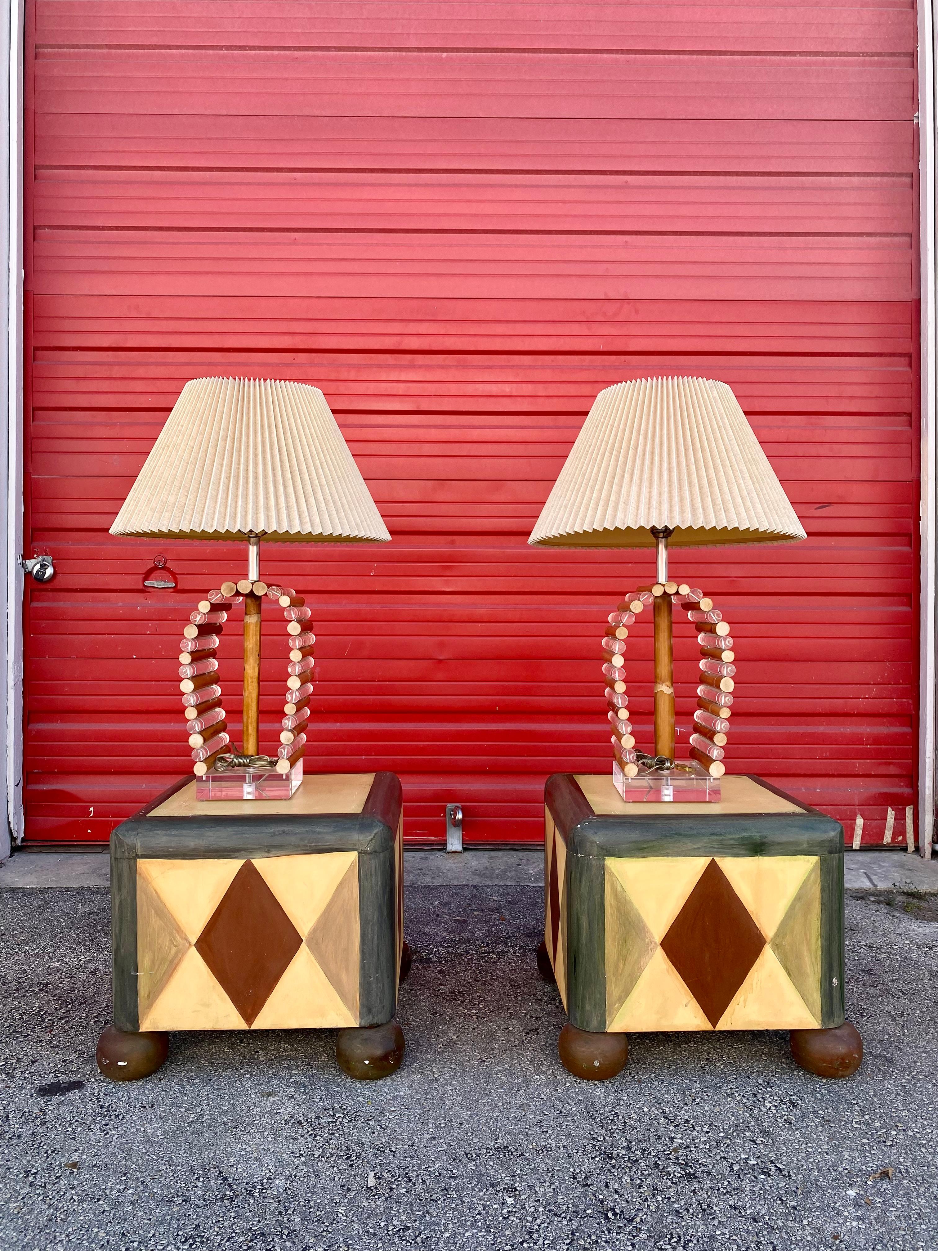 American 1970s Lucite and Rattan Sculptural Cylinders Lamps For Sale