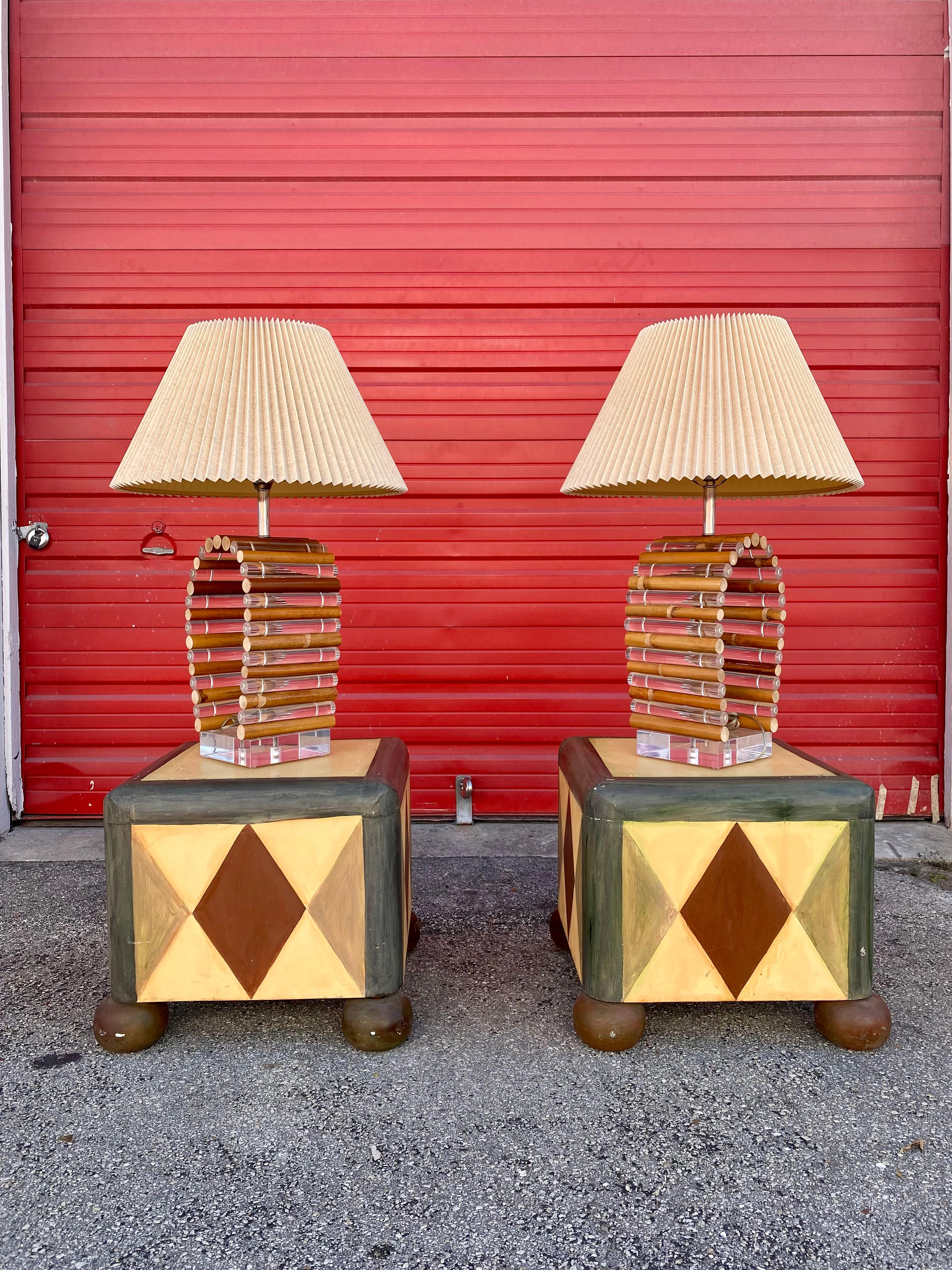 1970s Lucite and Rattan Sculptural Cylinders Lamps In Good Condition For Sale In Fort Lauderdale, FL