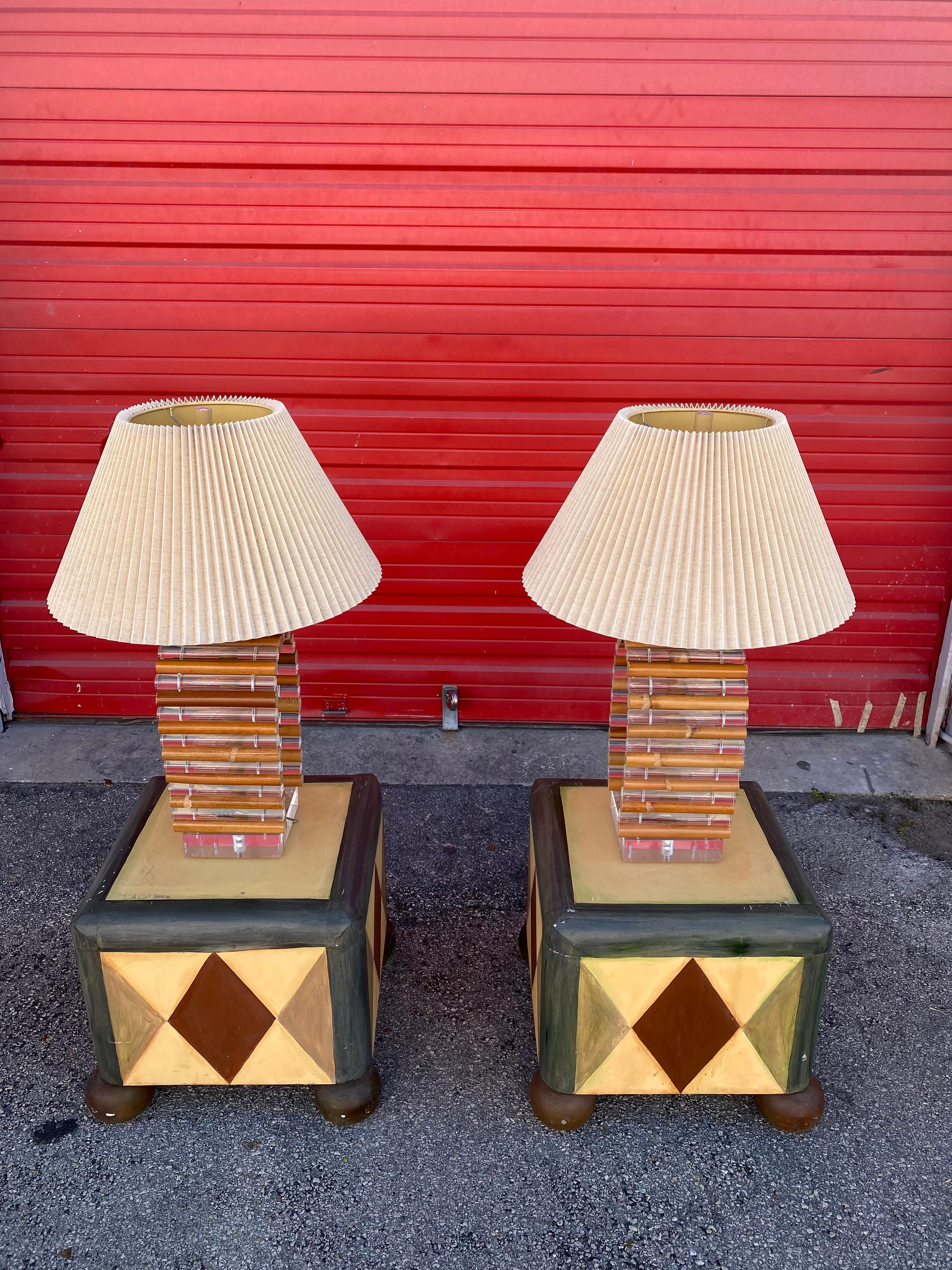 Late 20th Century 1970s Lucite and Rattan Sculptural Cylinders Lamps For Sale