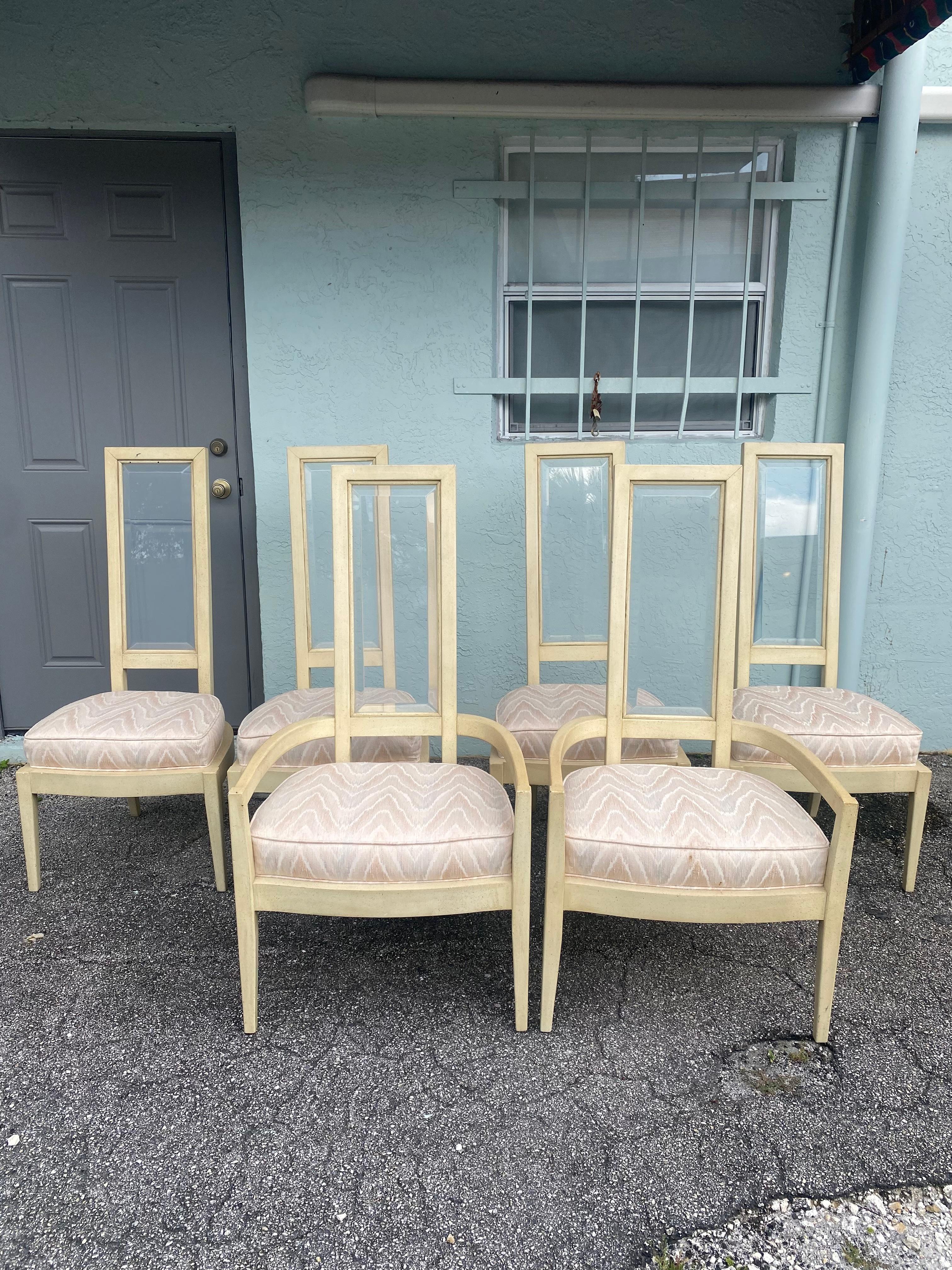 American 1970s Lucite Back Beige Wood Dining Chairs, Set of 6 For Sale