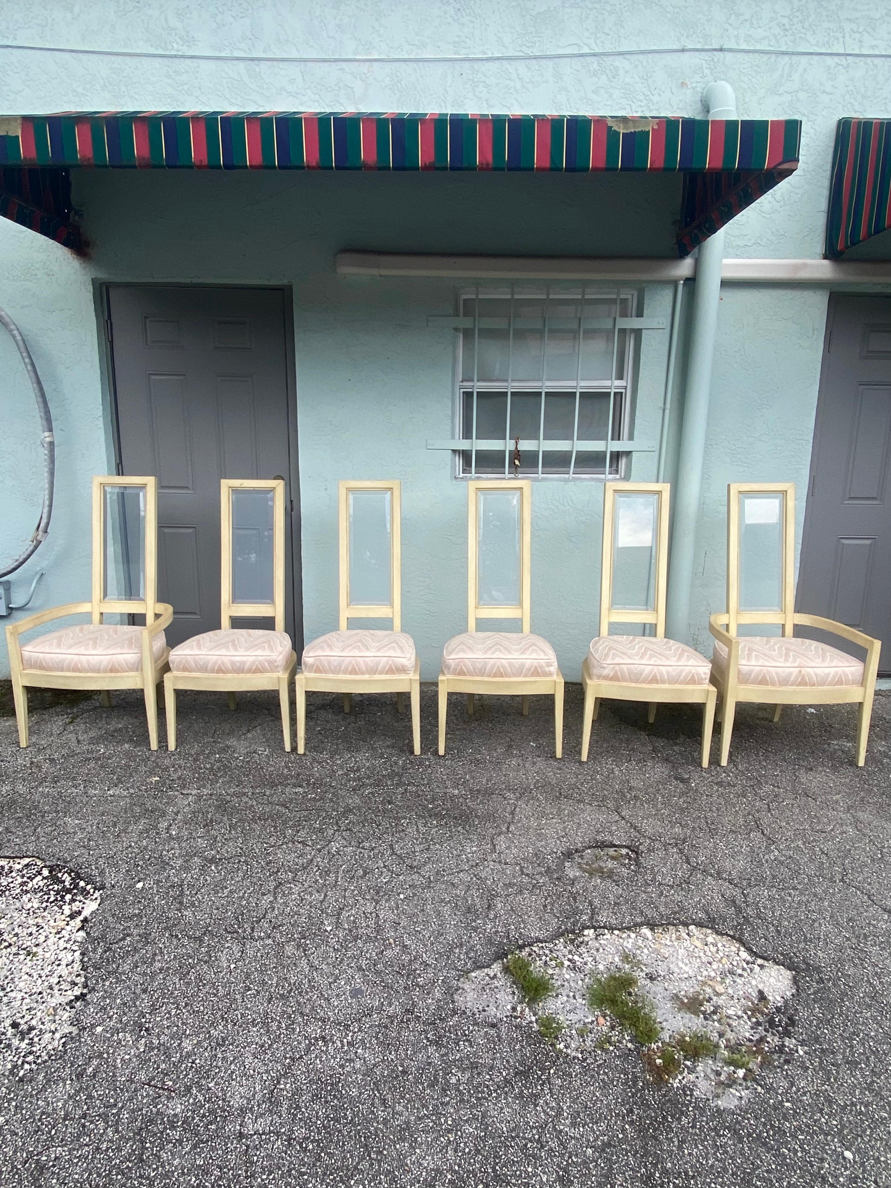 Upholstery 1970s Lucite Back Beige Wood Dining Chairs, Set of 6 For Sale