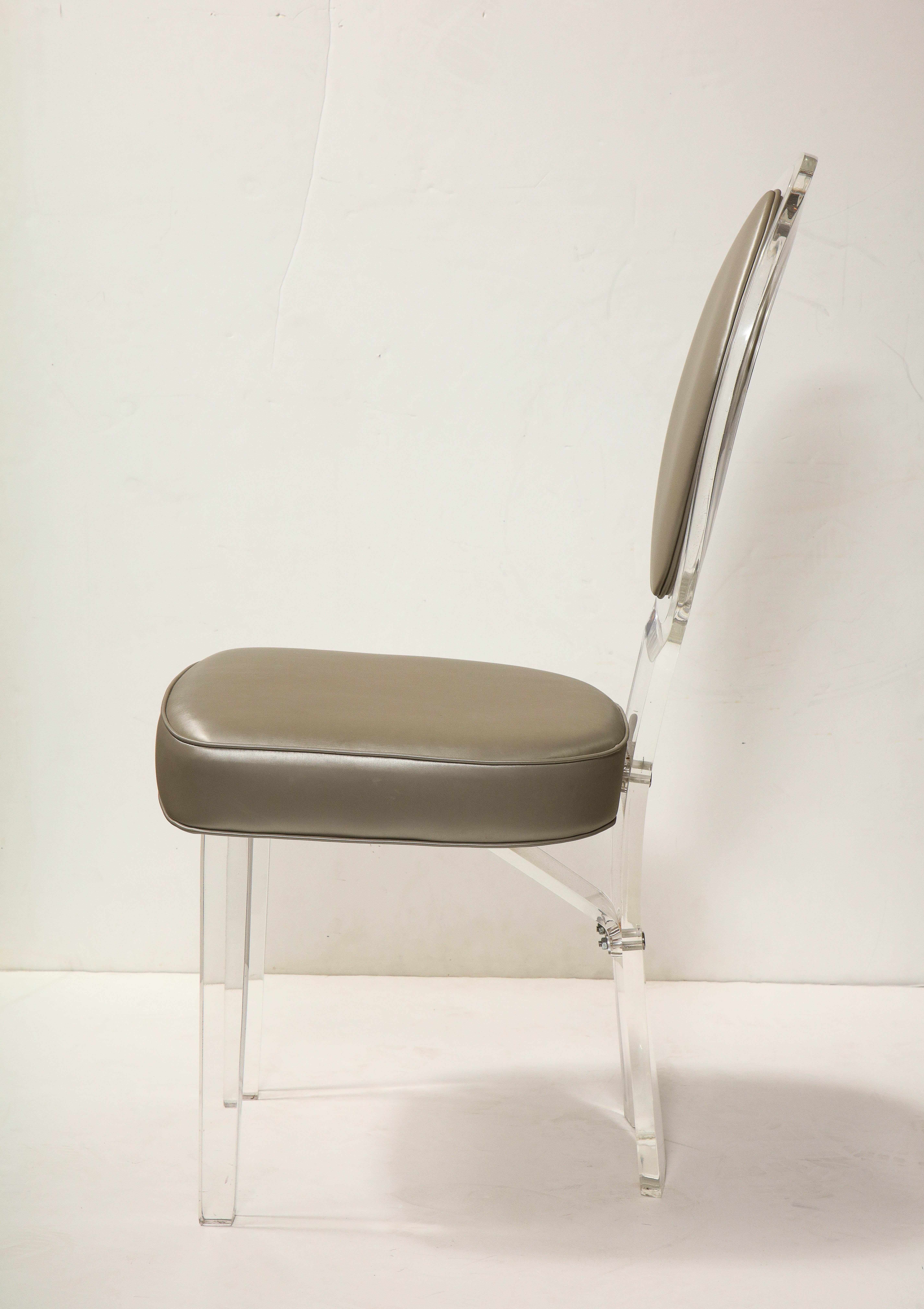 Mid-Century Modern 1970's Lucite Balloon Back Chair with Grey Leather Upholstery For Sale