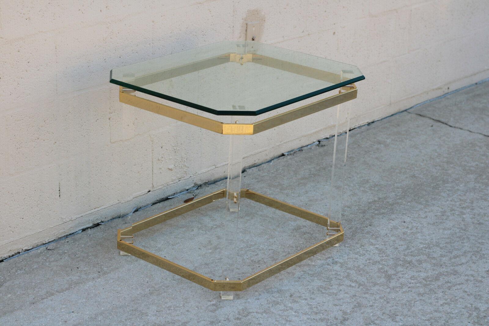1970s Lucite Brass and Glass Side Table after Charles Hollis Jones In Good Condition For Sale In Vero Beach, FL