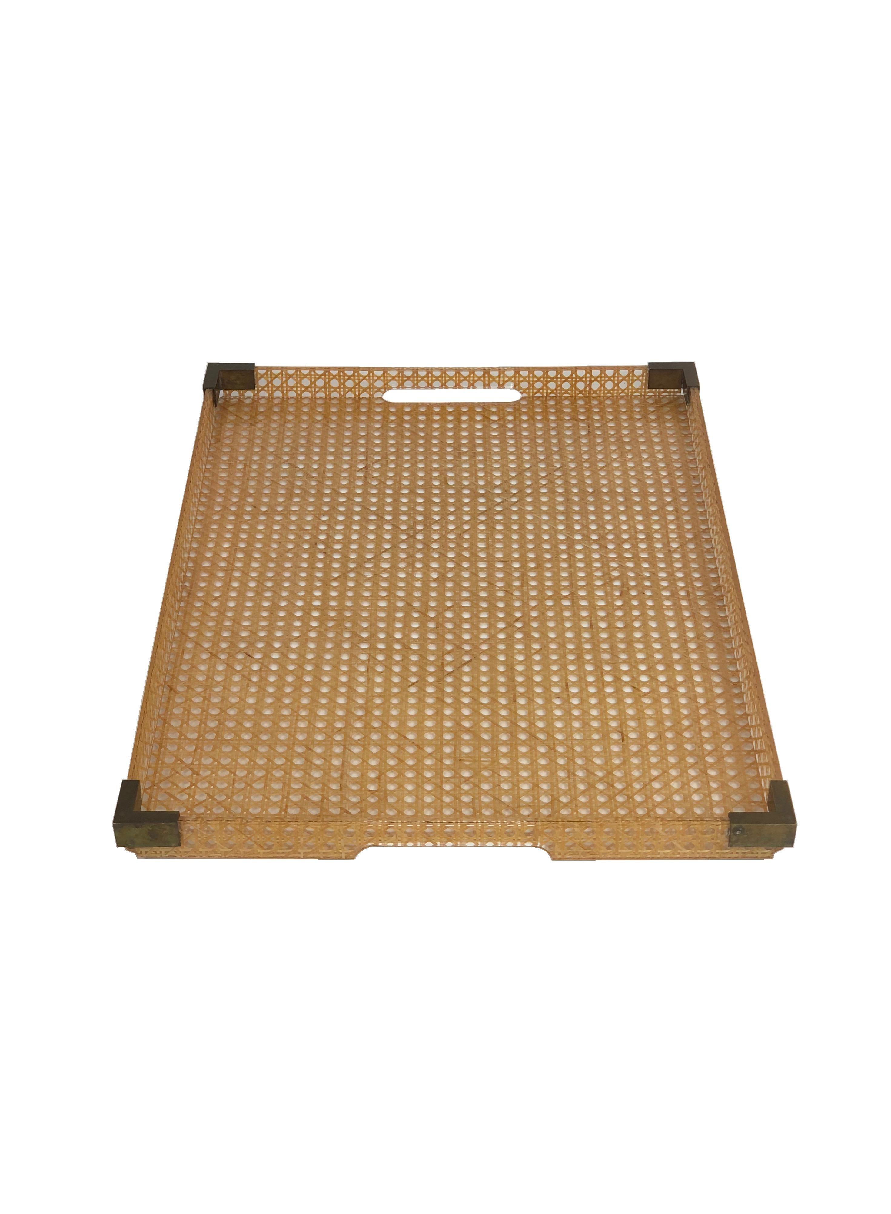 French 1970s Lucite, Brass and Rattan Serving Tray by Christian Dior Home Collection