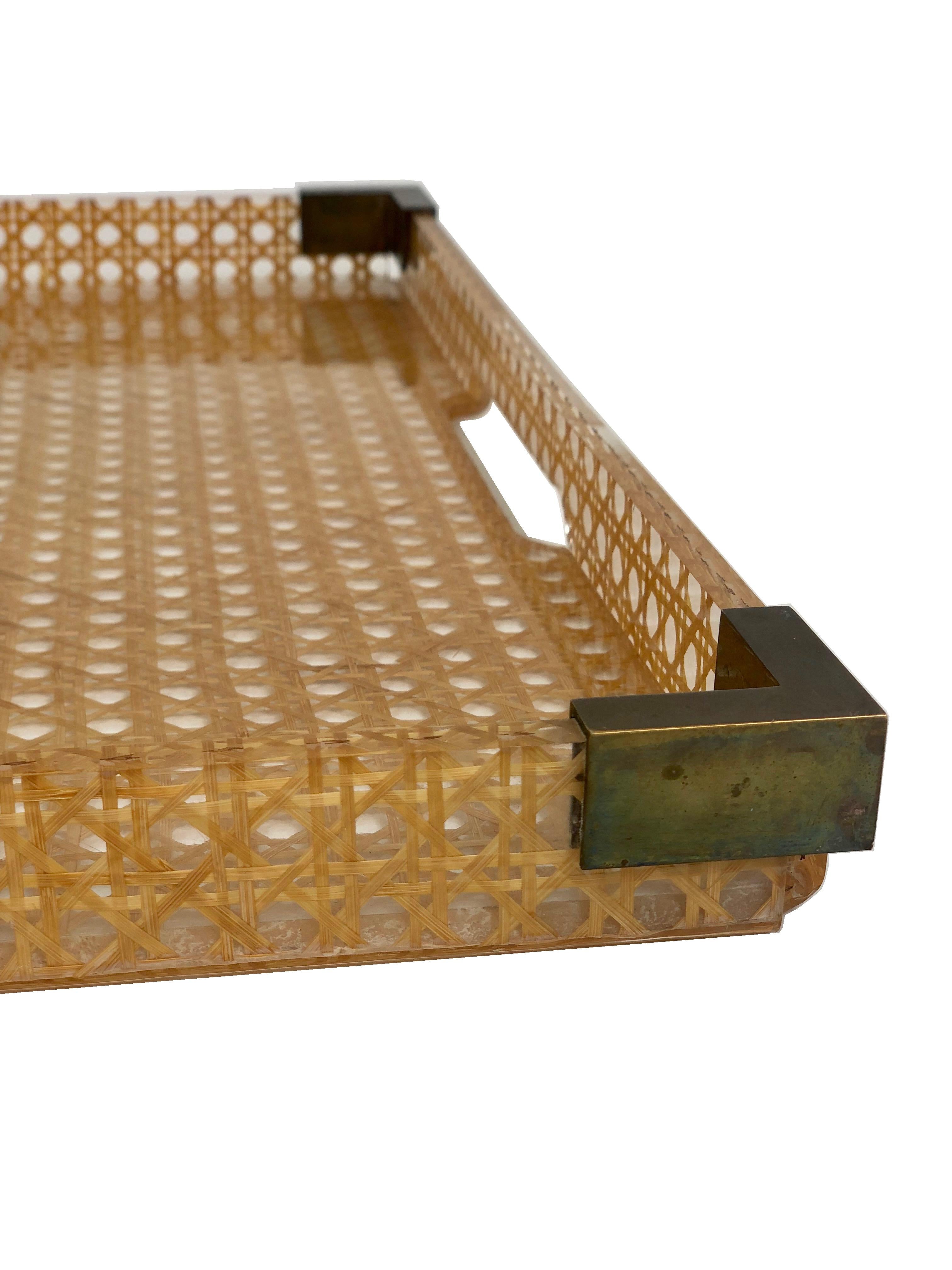Late 20th Century 1970s Lucite, Brass and Rattan Serving Tray by Christian Dior Home Collection