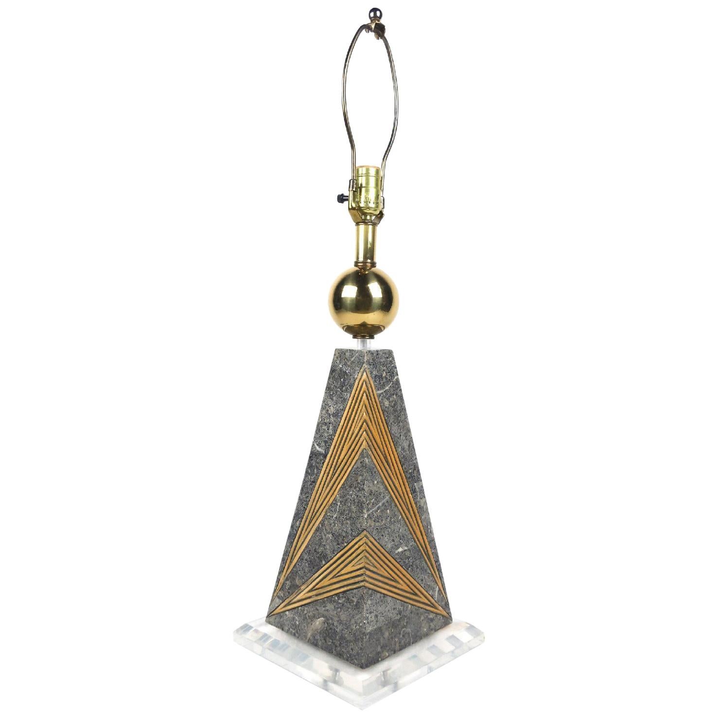 1970s Lucite, Brass and Stone Pyramid Lamp