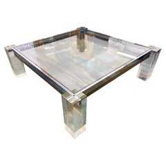 1970s Lucite, Brass, Chrome, Glass Coffee Table by Sandro Petti, Italy