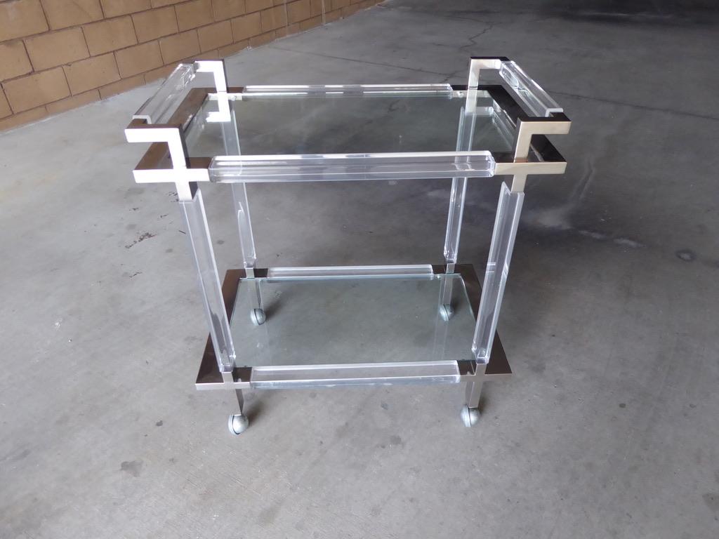 Mid-Century Modern 1970s Lucite, Brushed Chrome and Glass Serving Cart Made by Hudson Rissman Co.