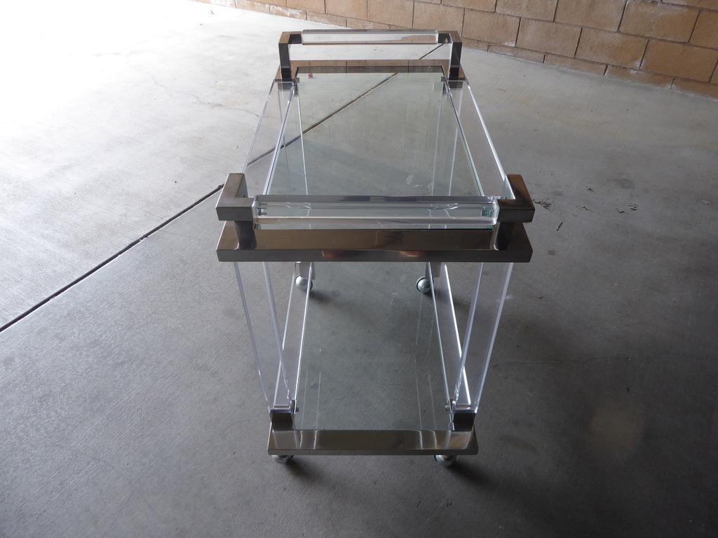 American 1970s Lucite, Brushed Chrome and Glass Serving Cart Made by Hudson Rissman Co.