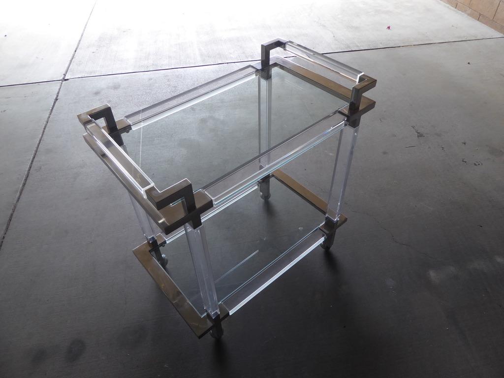 Plated 1970s Lucite, Brushed Chrome and Glass Serving Cart Made by Hudson Rissman Co.