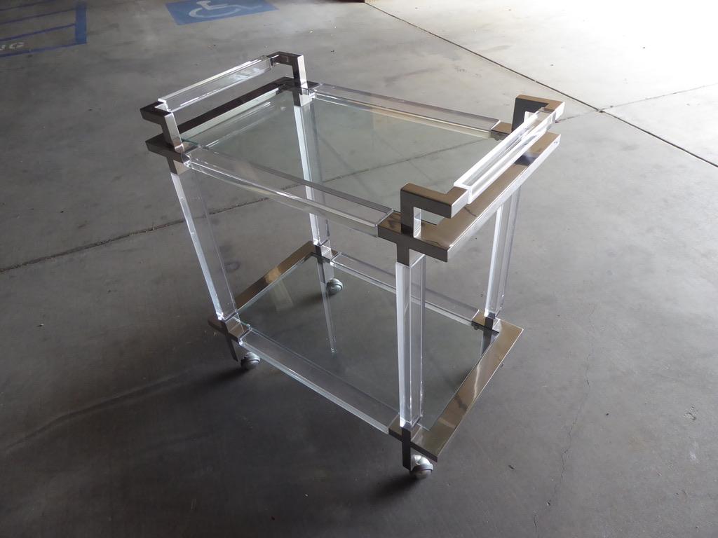 Late 20th Century 1970s Lucite, Brushed Chrome and Glass Serving Cart Made by Hudson Rissman Co.