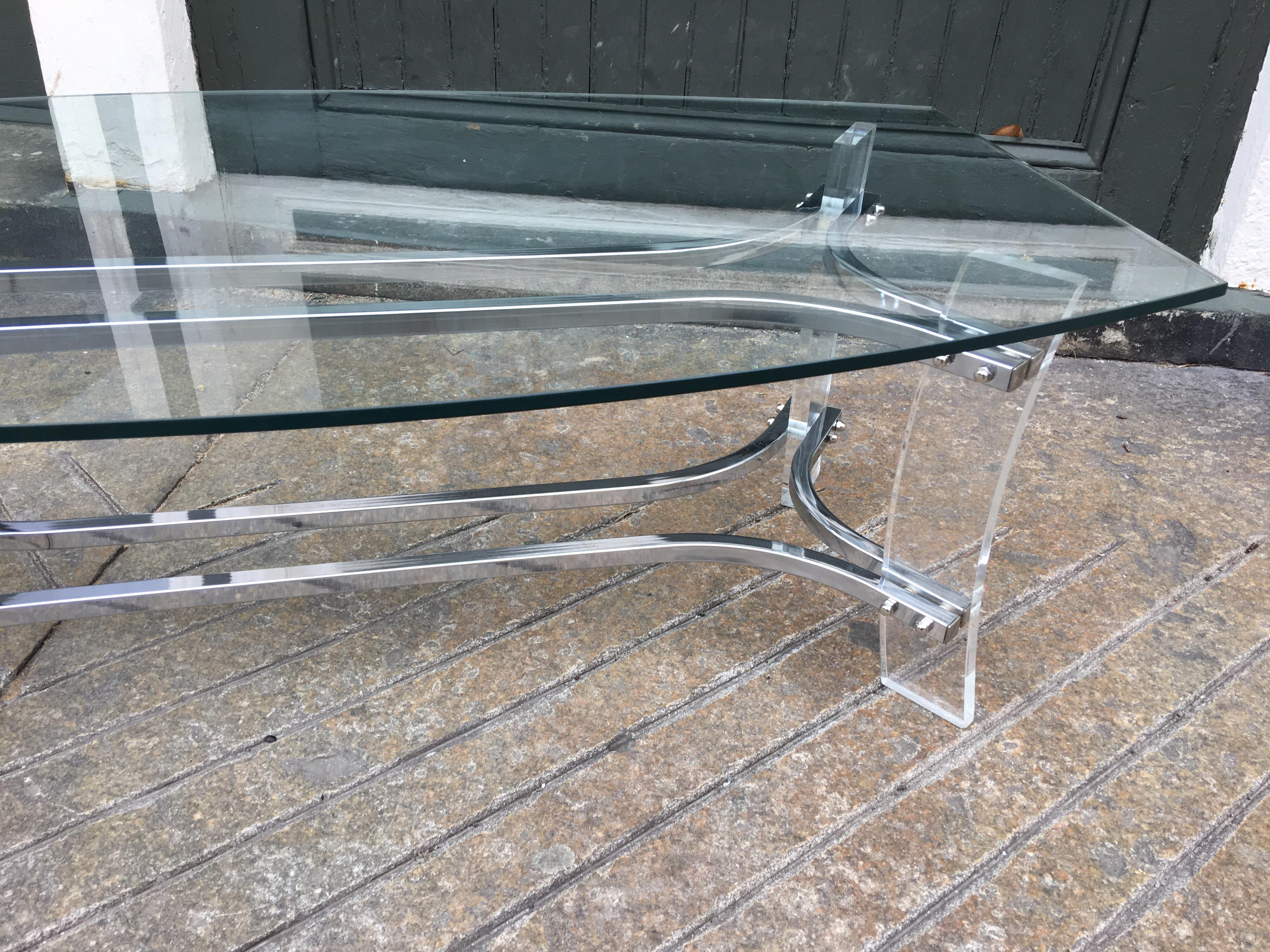 American 1970s Lucite, Chrome and Glass Coffee Table