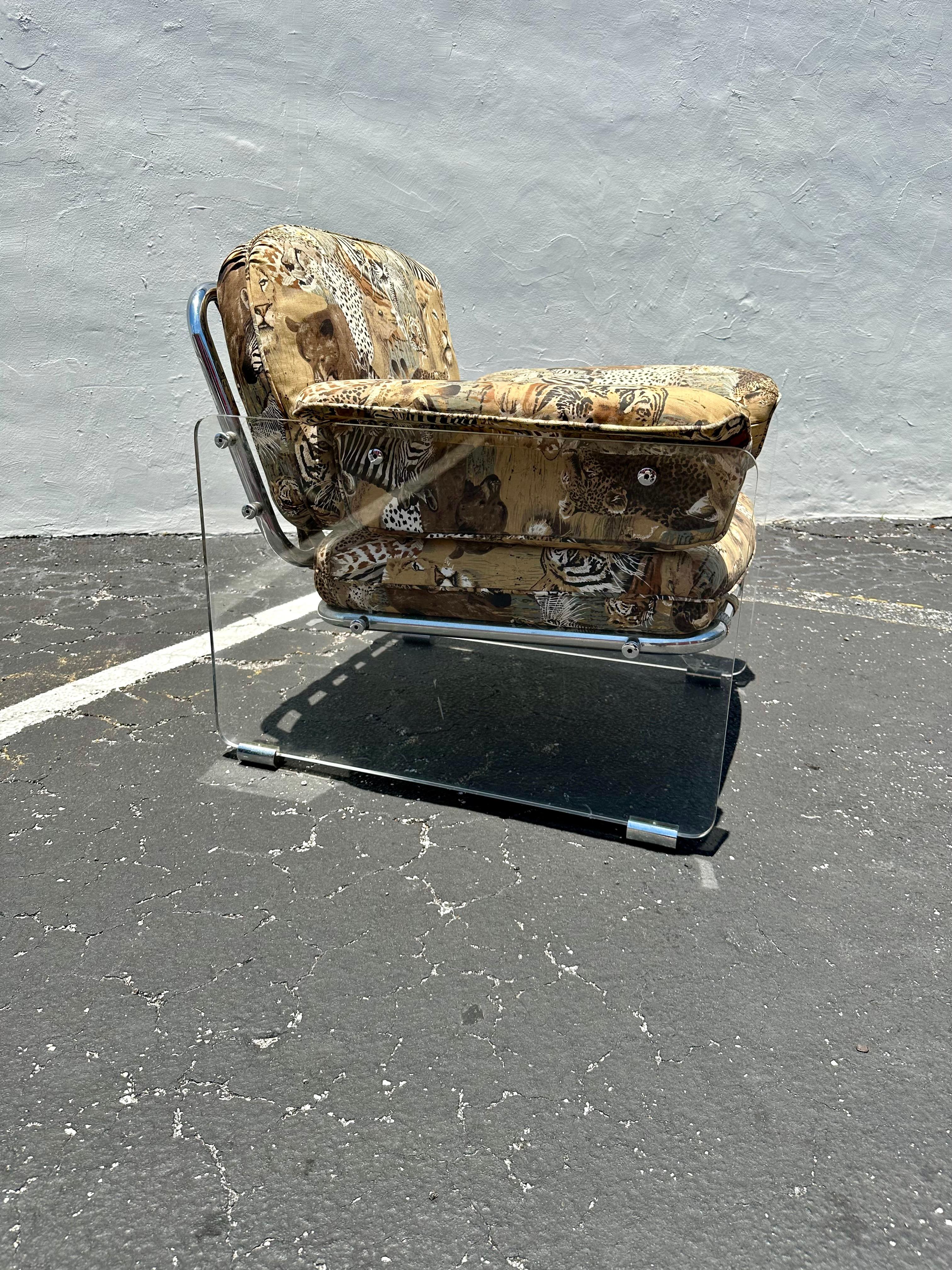 Mid-Century Modern 1970s Lucite Chrome Animal Safari Floating Club Chair For Sale