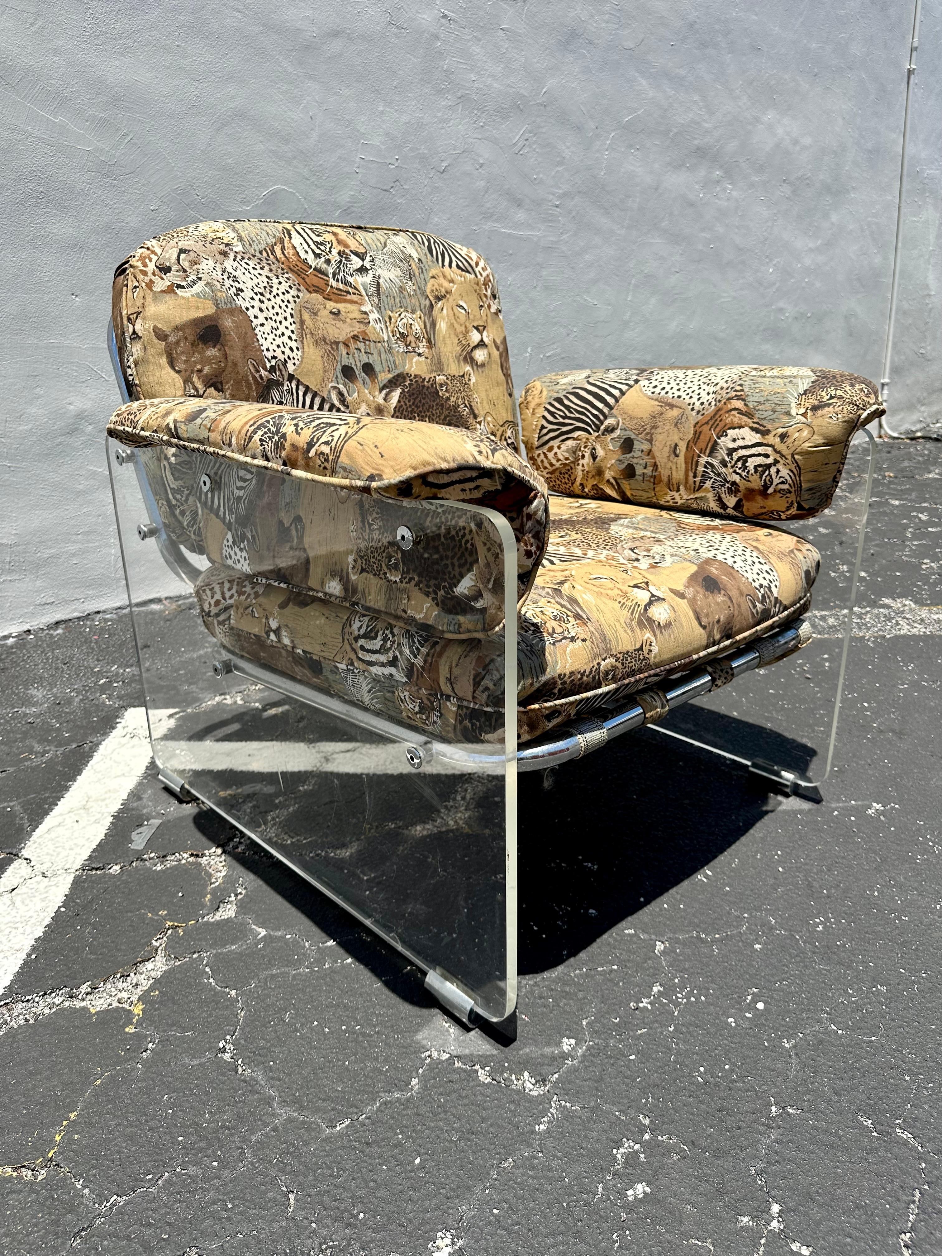 1970s Lucite Chrome Animal Safari Floating Club Chair In Good Condition For Sale In Fort Lauderdale, FL