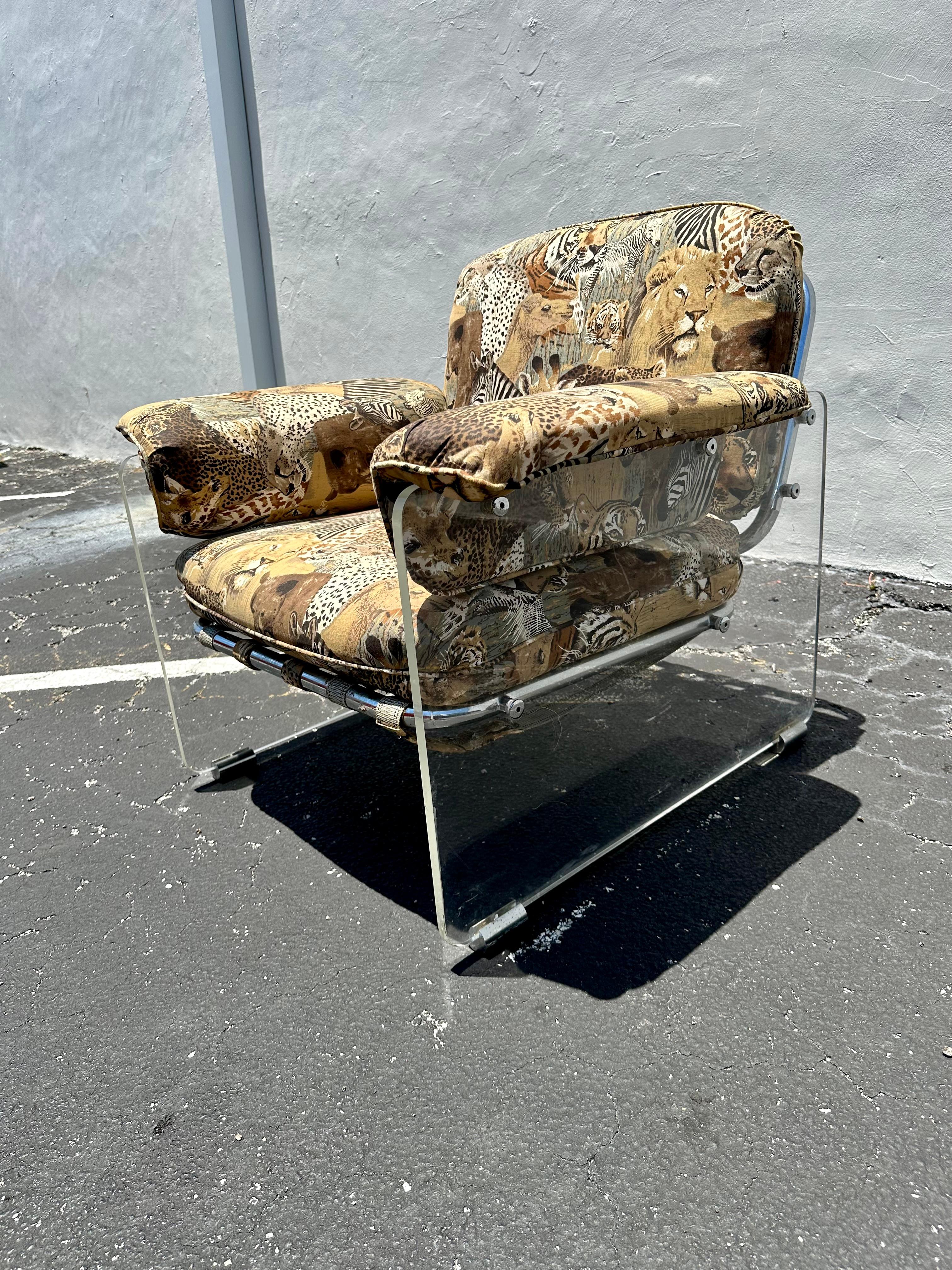 Late 20th Century 1970s Lucite Chrome Animal Safari Floating Club Chair For Sale