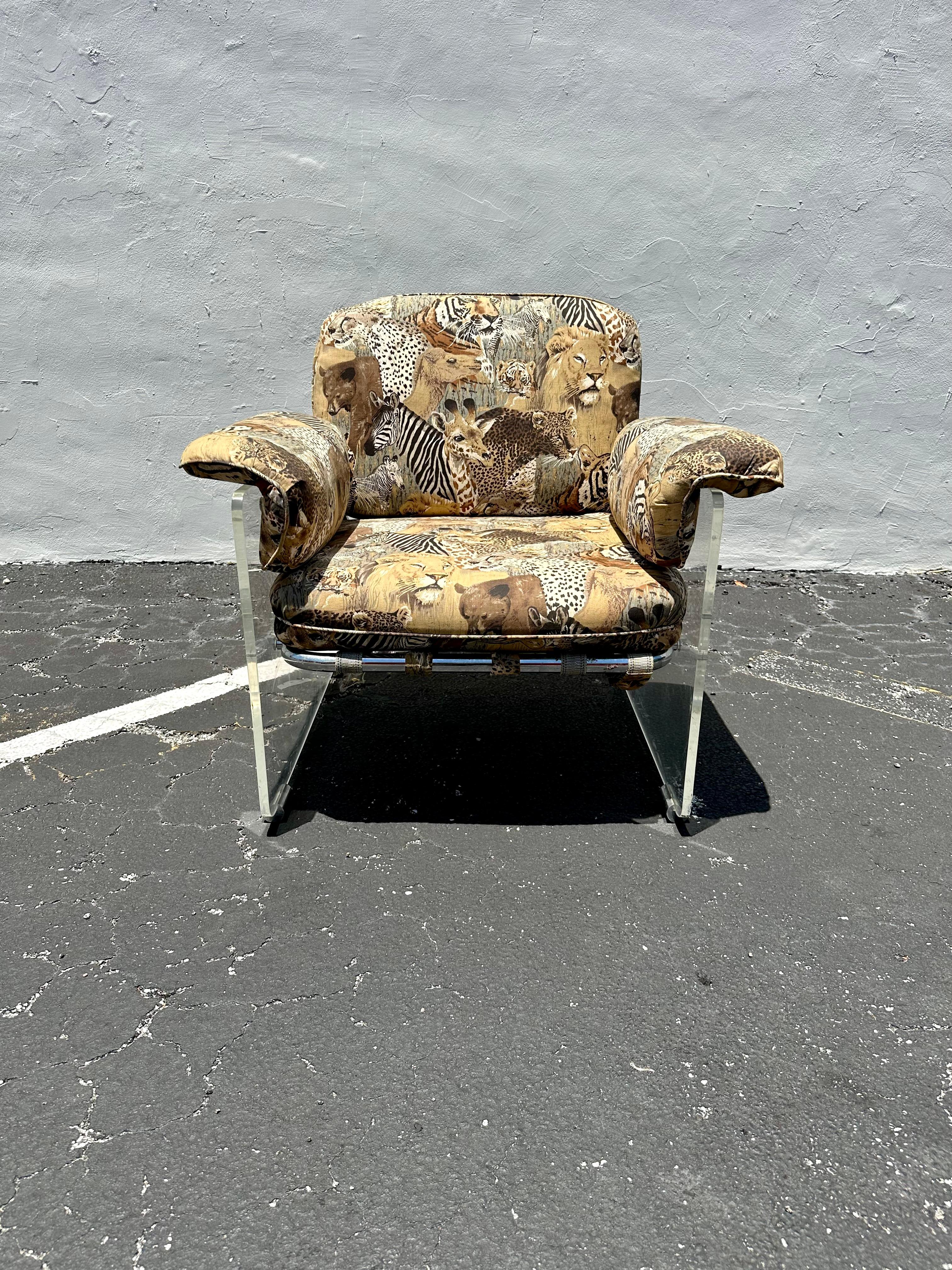 Upholstery 1970s Lucite Chrome Animal Safari Floating Club Chair For Sale