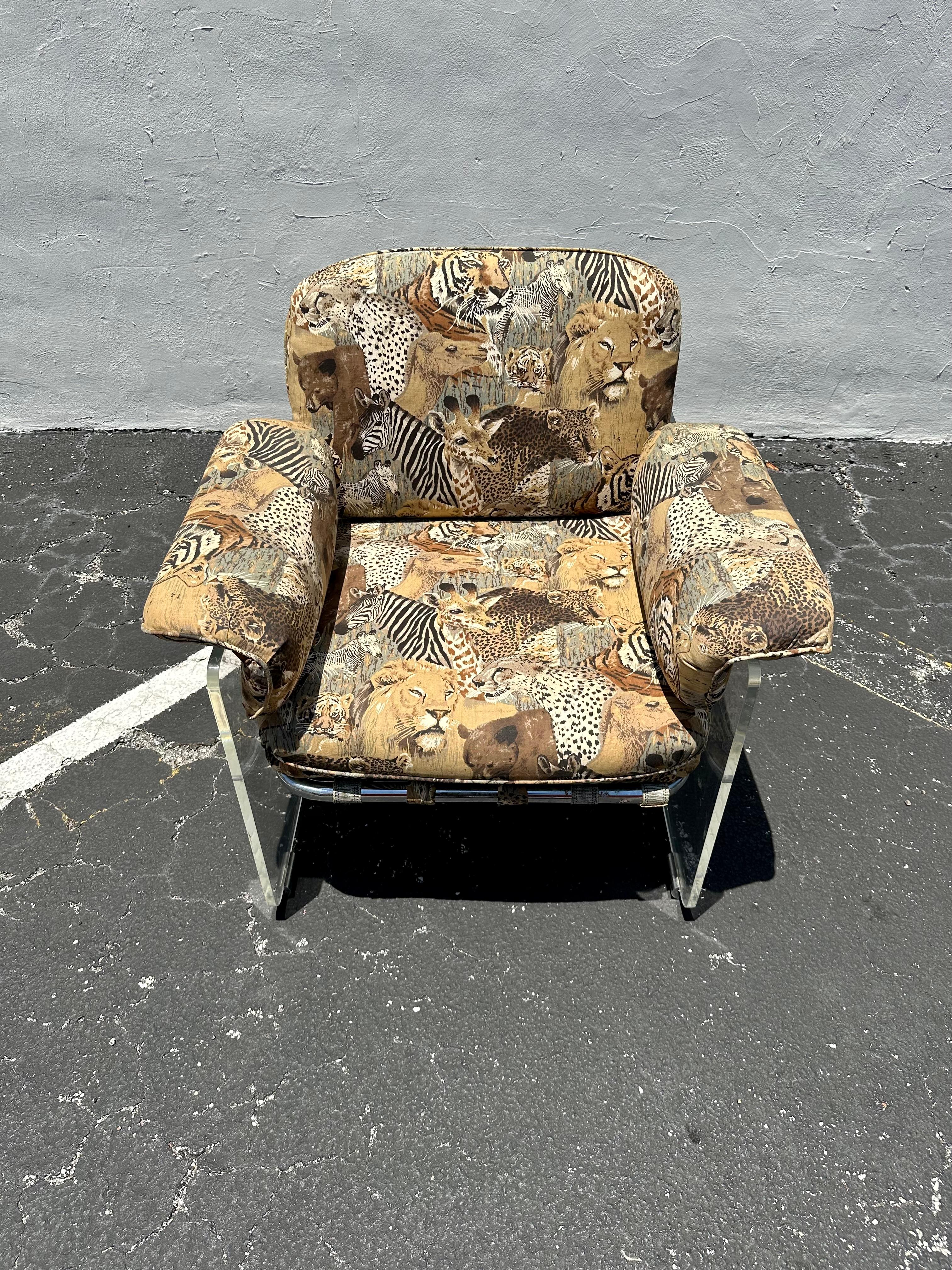 1970s Lucite Chrome Animal Safari Floating Club Chair For Sale 1