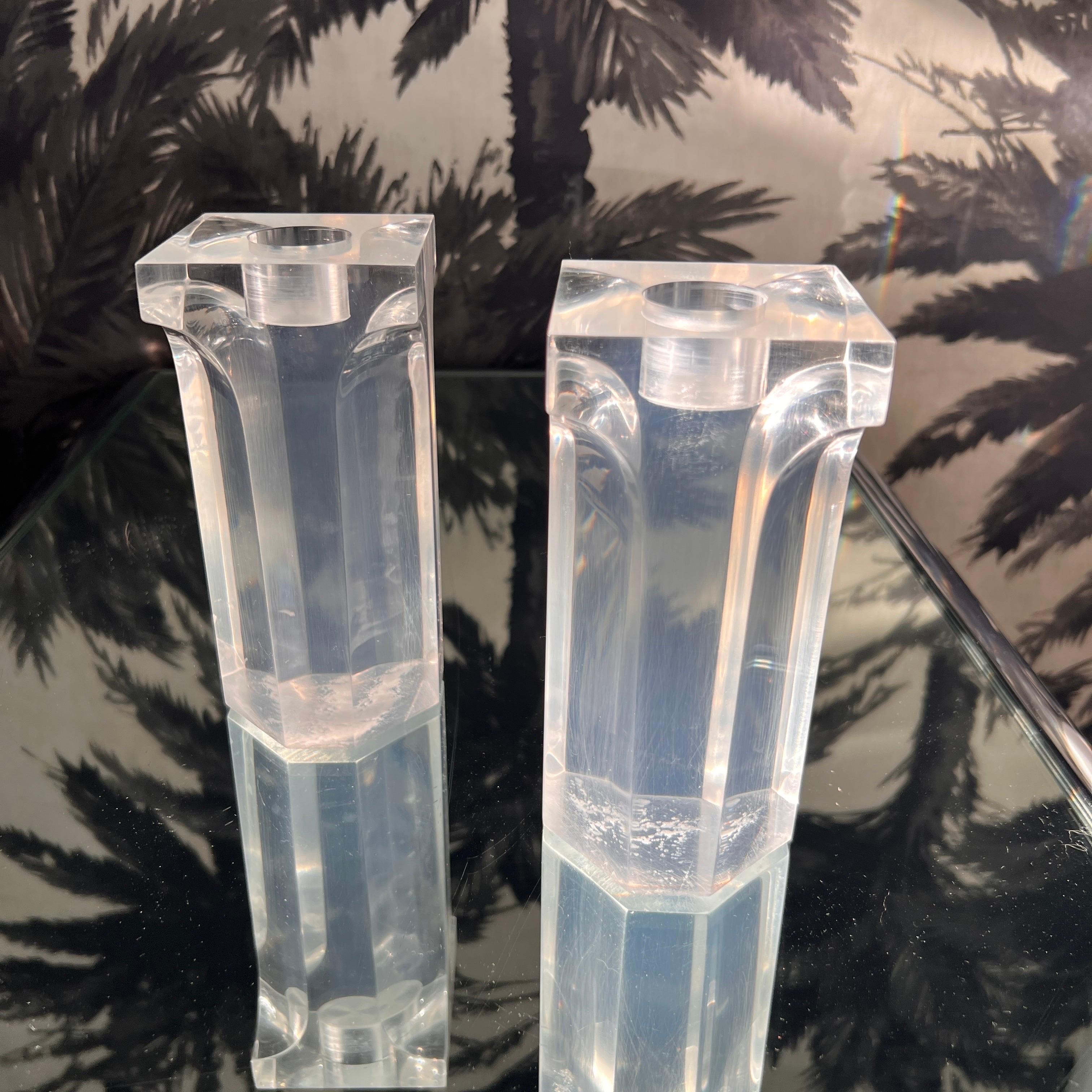 Beveled 1970's Lucite Column Candle Holders in the Style of Charles Hollis Jones, Set/4 For Sale