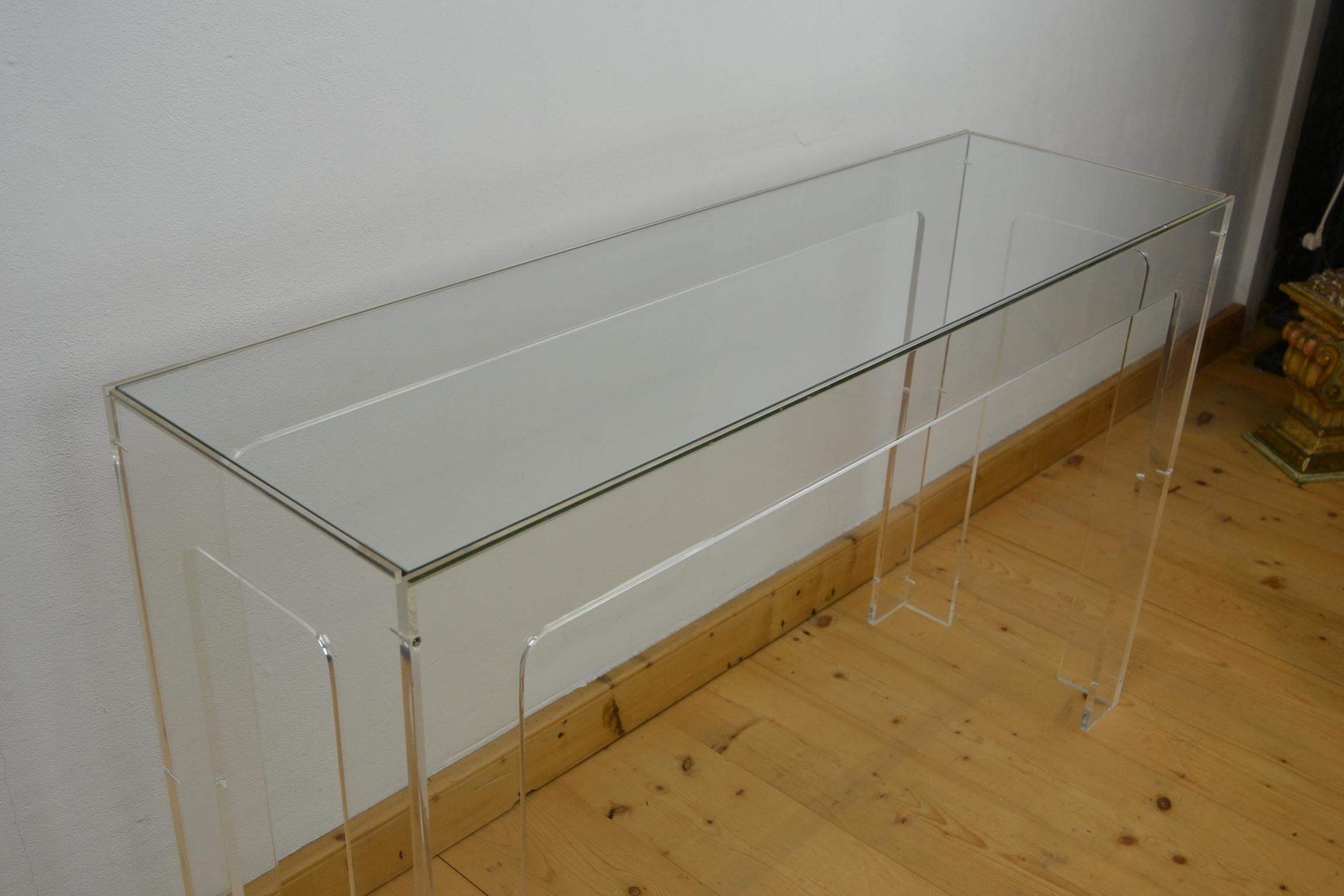 Mid-Century Modern 1970s Lucite Console Table with Glass Top