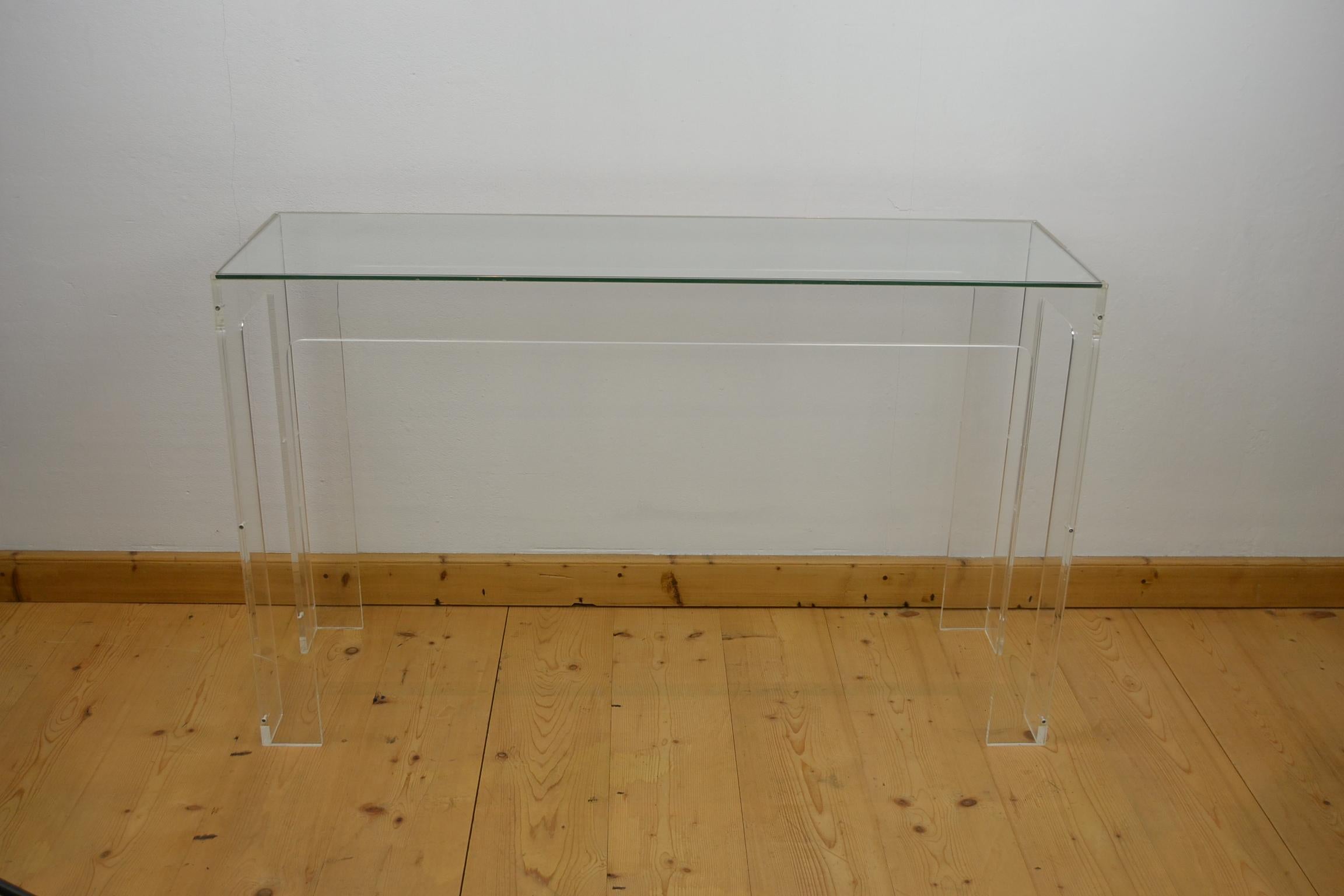 European 1970s Lucite Console Table with Glass Top