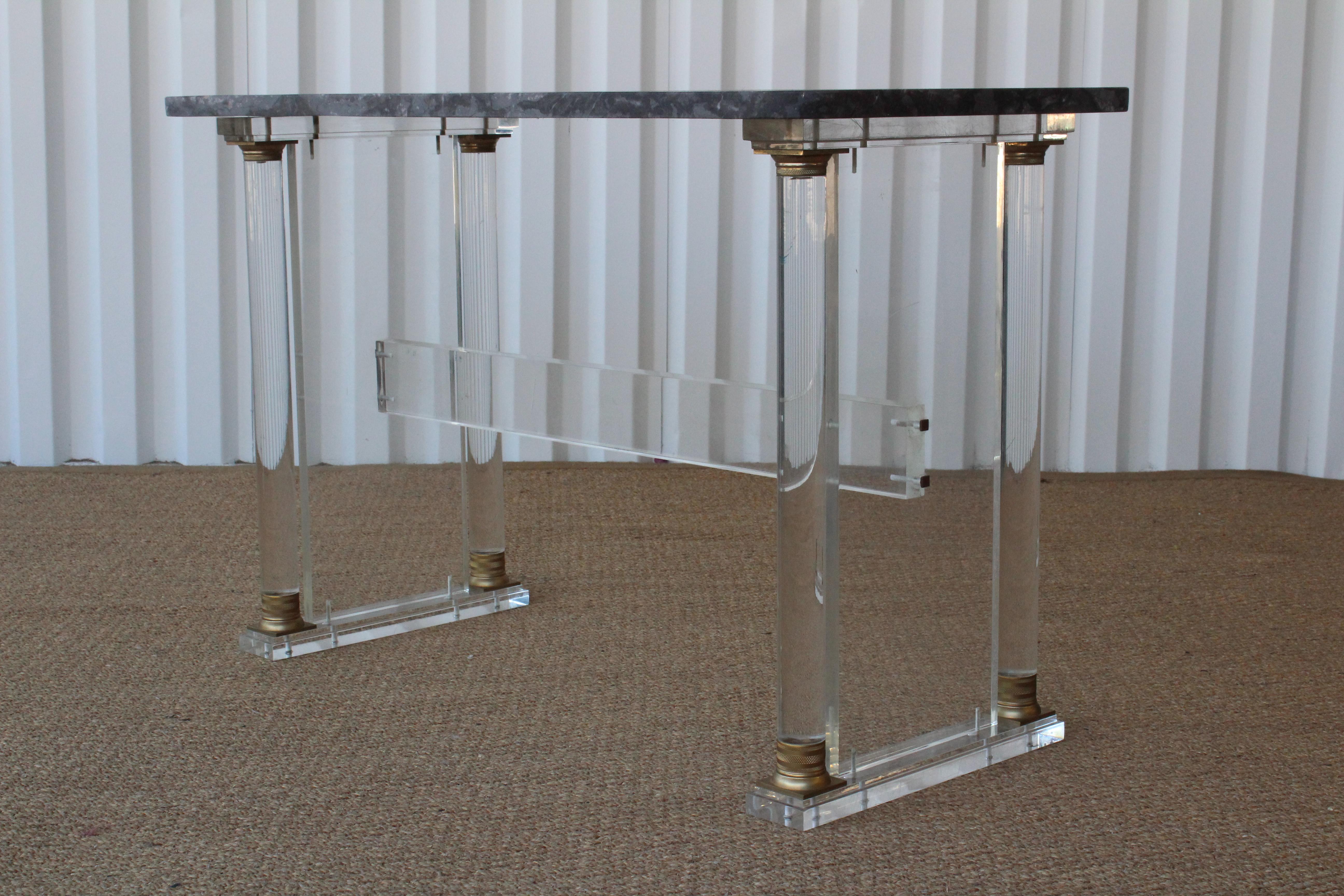 Mid-Century Modern 1970s French Lucite Console with Antique Marble Top by Pierre Vandel.