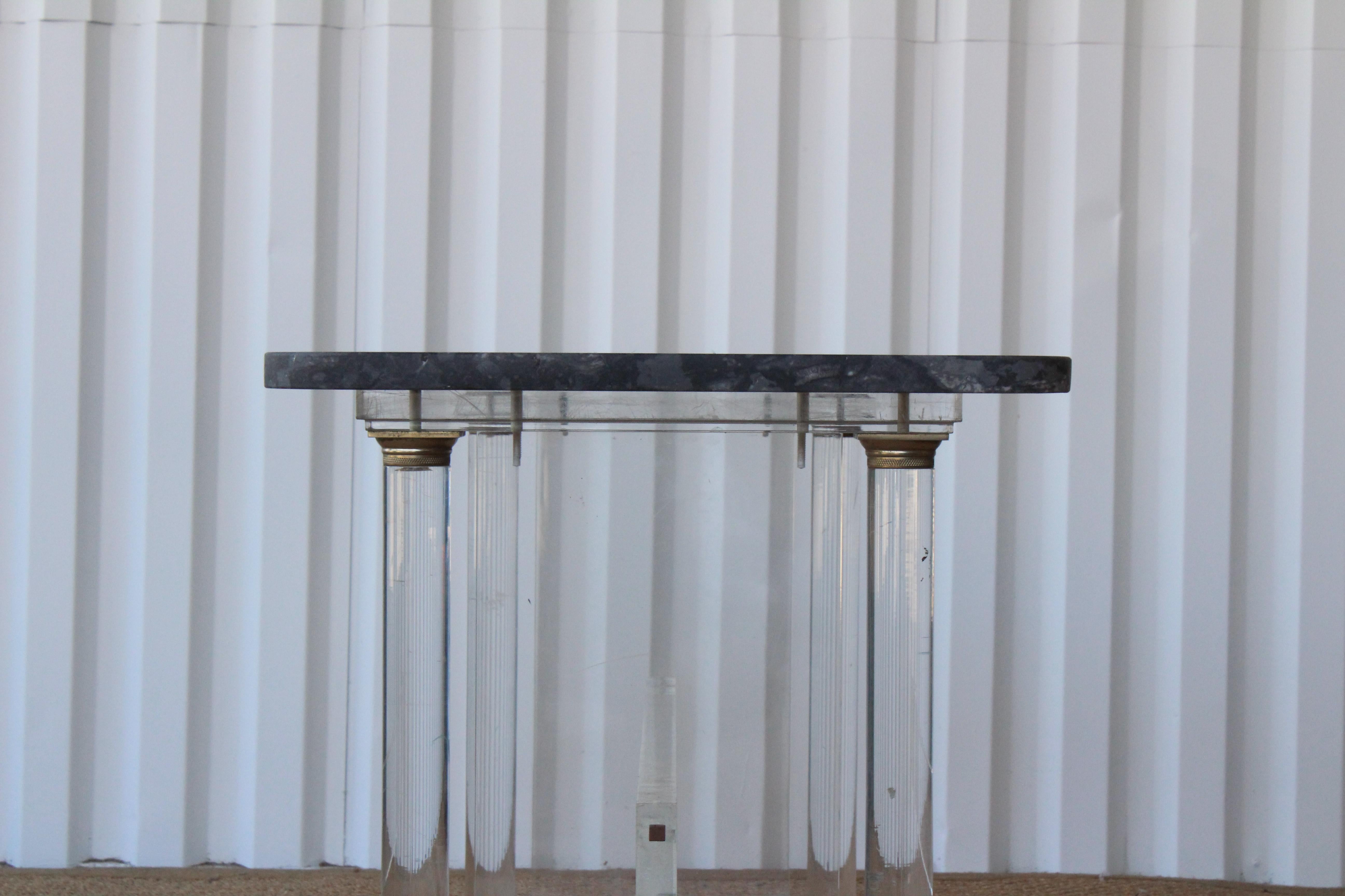 1970s French Lucite Console with Antique Marble Top by Pierre Vandel. 1