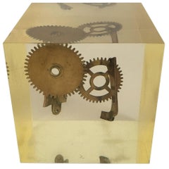 Vintage 1970s Lucite Cube Gears Sculpture Paperweight by Pierre Giraudon