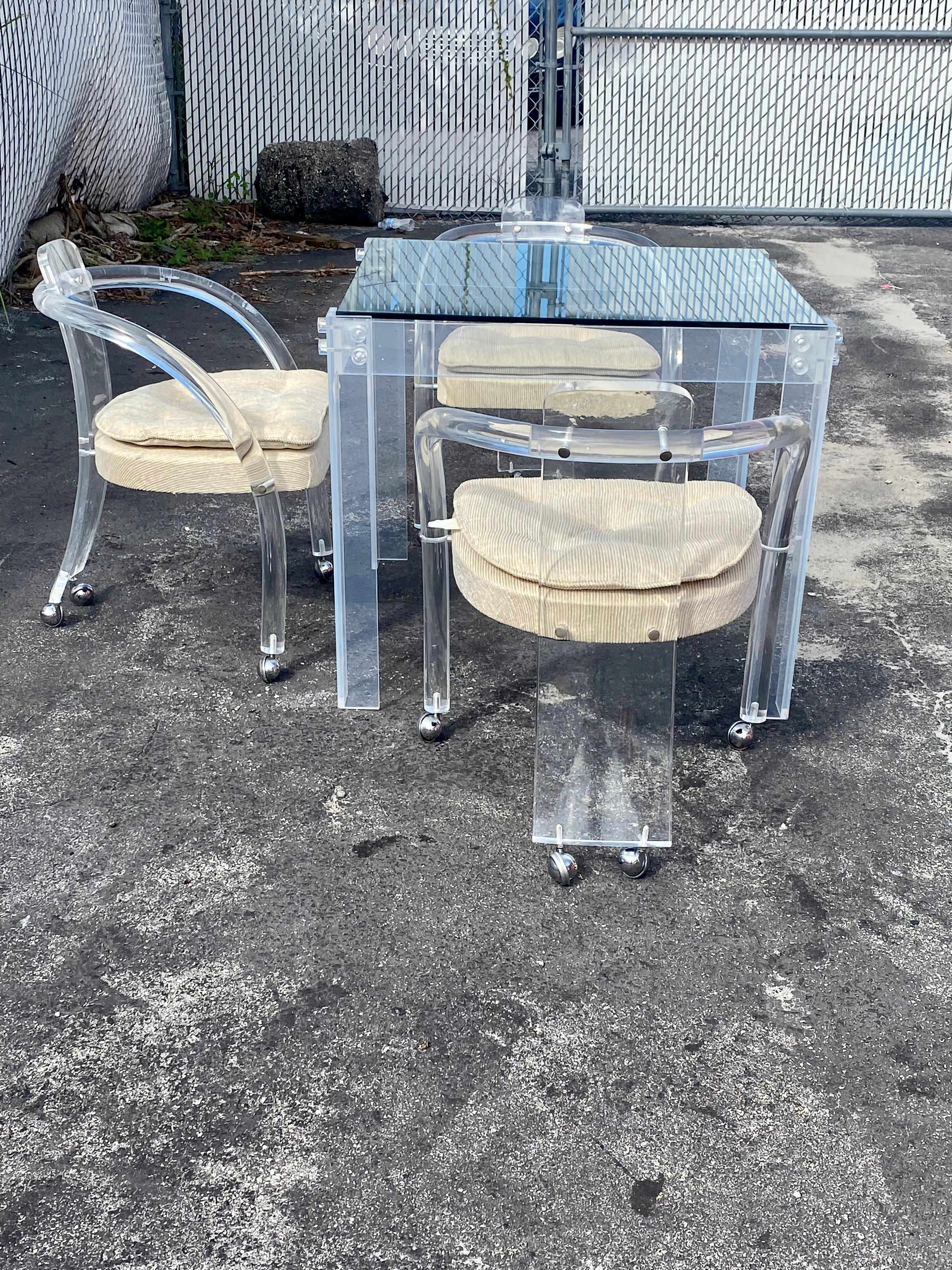 American 1970s Lucite Dining Gaming Table and Chairs, Set of 4 For Sale